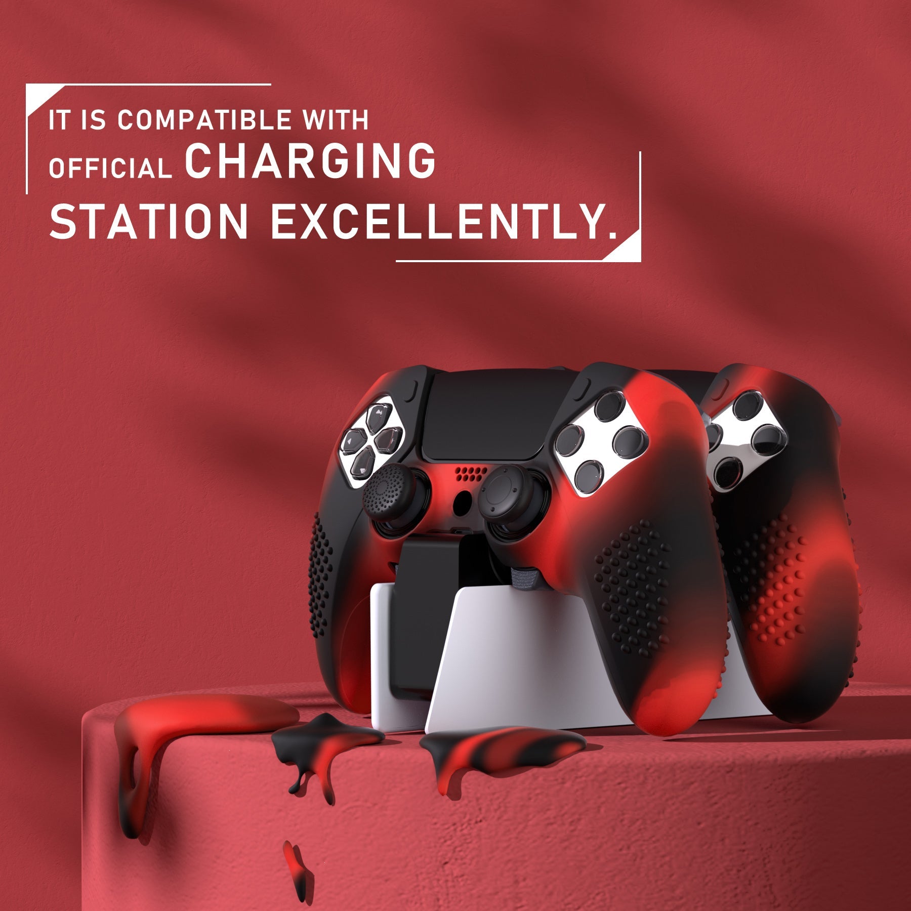 PlayVital 3D Studded Edition Anti-Slip Silicone Cover Case with Thumb Grip Caps for PS5 Edge Controller - Red & Black PlayVital
