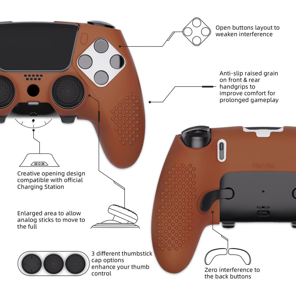 PlayVital 3D Studded Edition Anti-Slip Silicone Cover Case with Thumb Grip Caps for PS5 Edge Controller - Signal Brown PlayVital