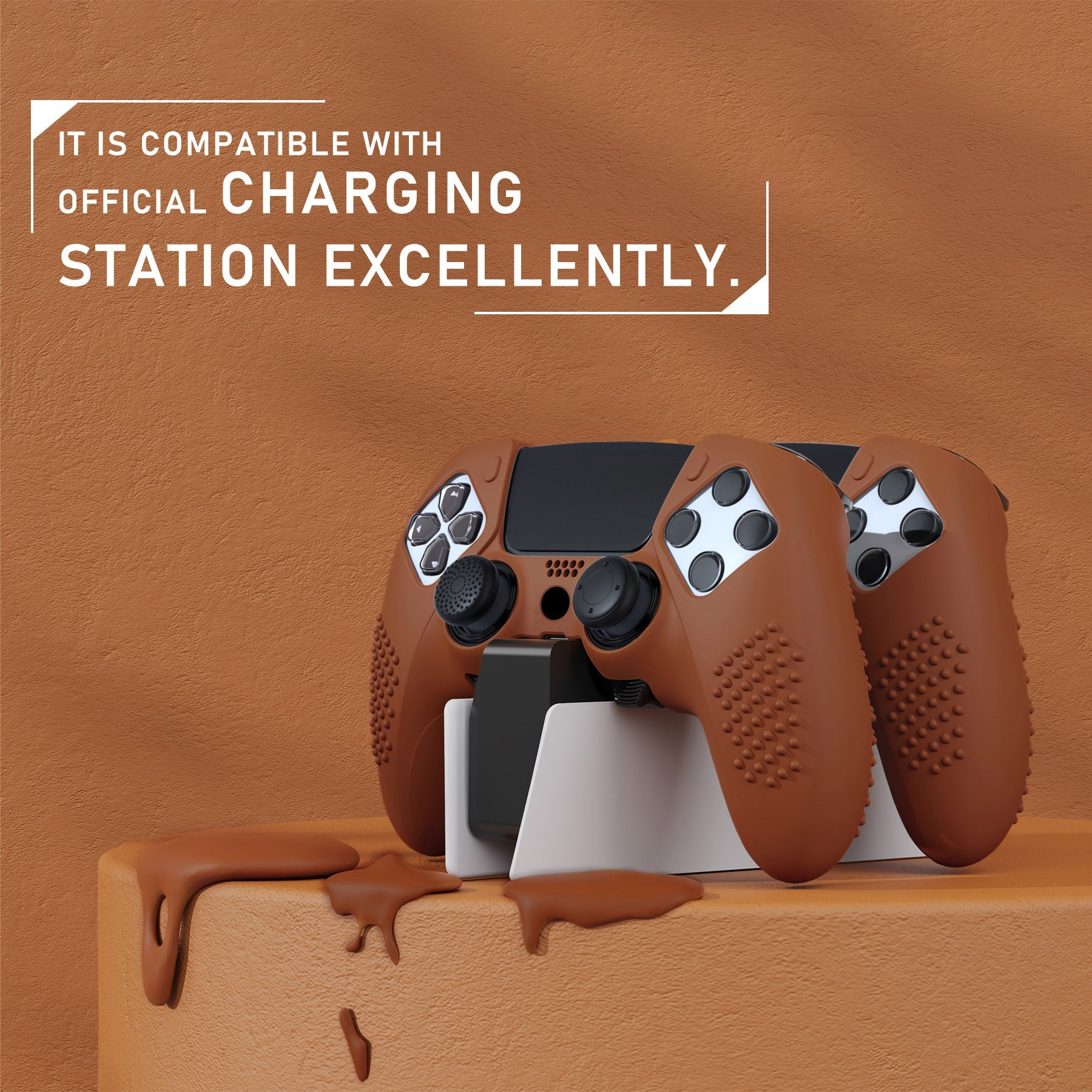 PlayVital 3D Studded Edition Anti-Slip Silicone Cover Case with Thumb Grip Caps for PS5 Edge Controller - Signal Brown PlayVital