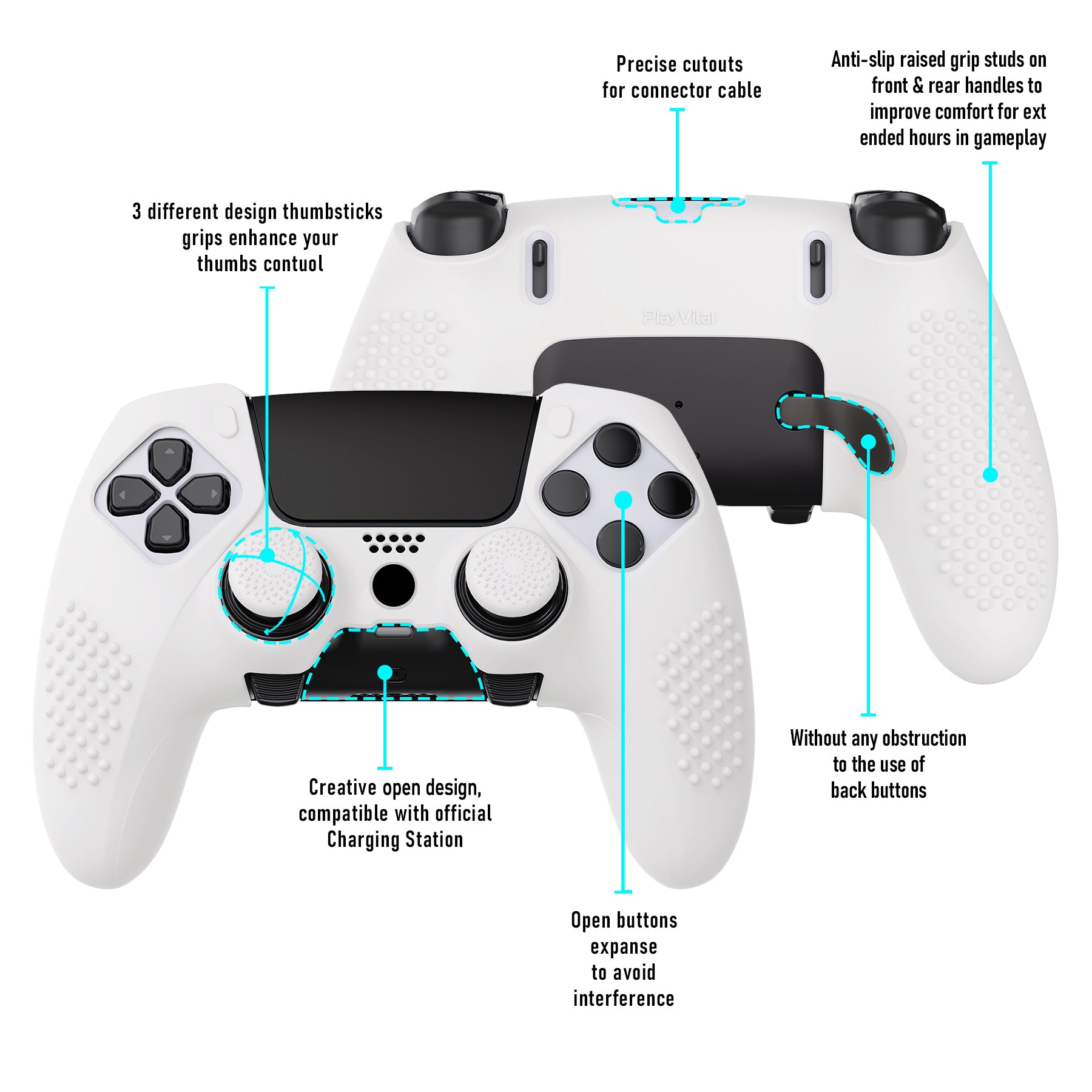 PlayVital 3D Studded Edition Anti-Slip Silicone Cover Case with Thumb Grip Caps for PS5 Edge Controller - White PlayVital