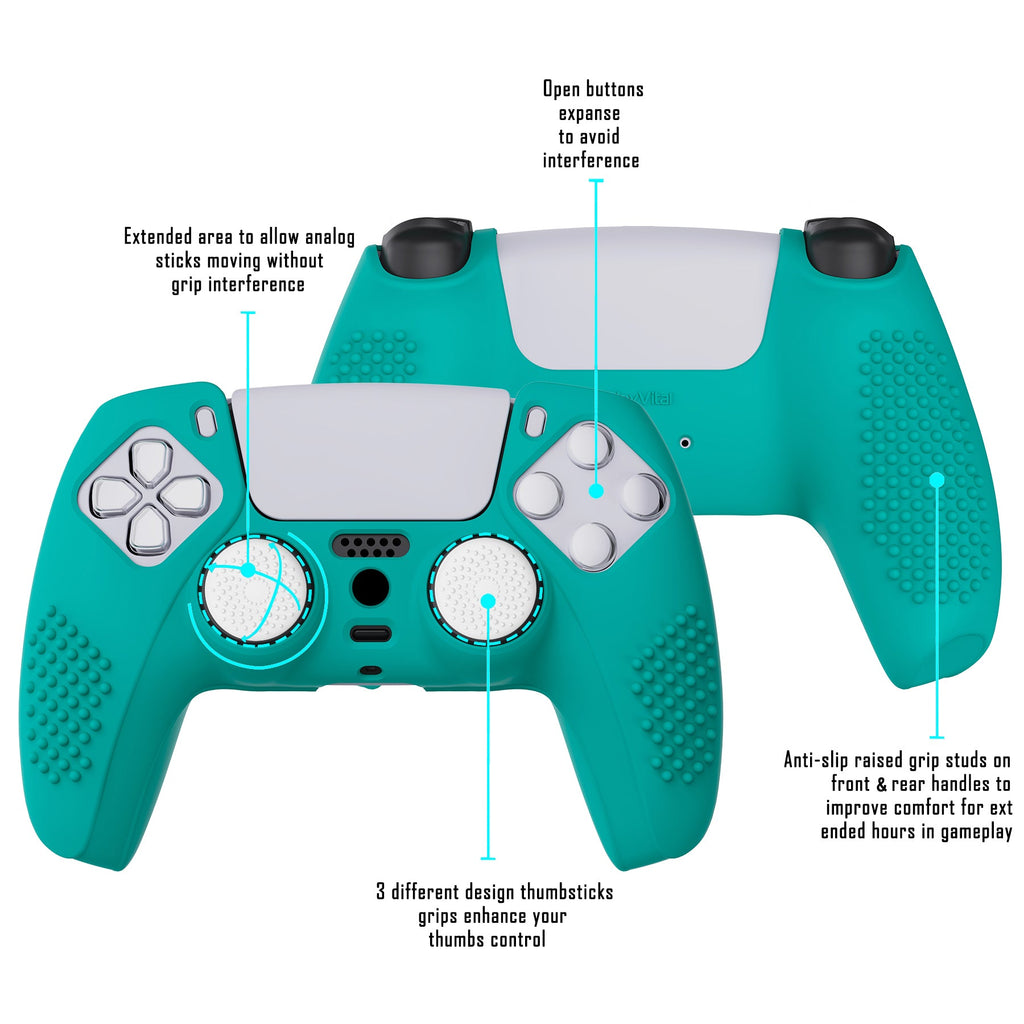 PlayVital 3D Studded Edition Anti-Slip Silicone Cover Skin with Thumb Grip Caps for PS5 Wireless Controller - Aqua Green PlayVital