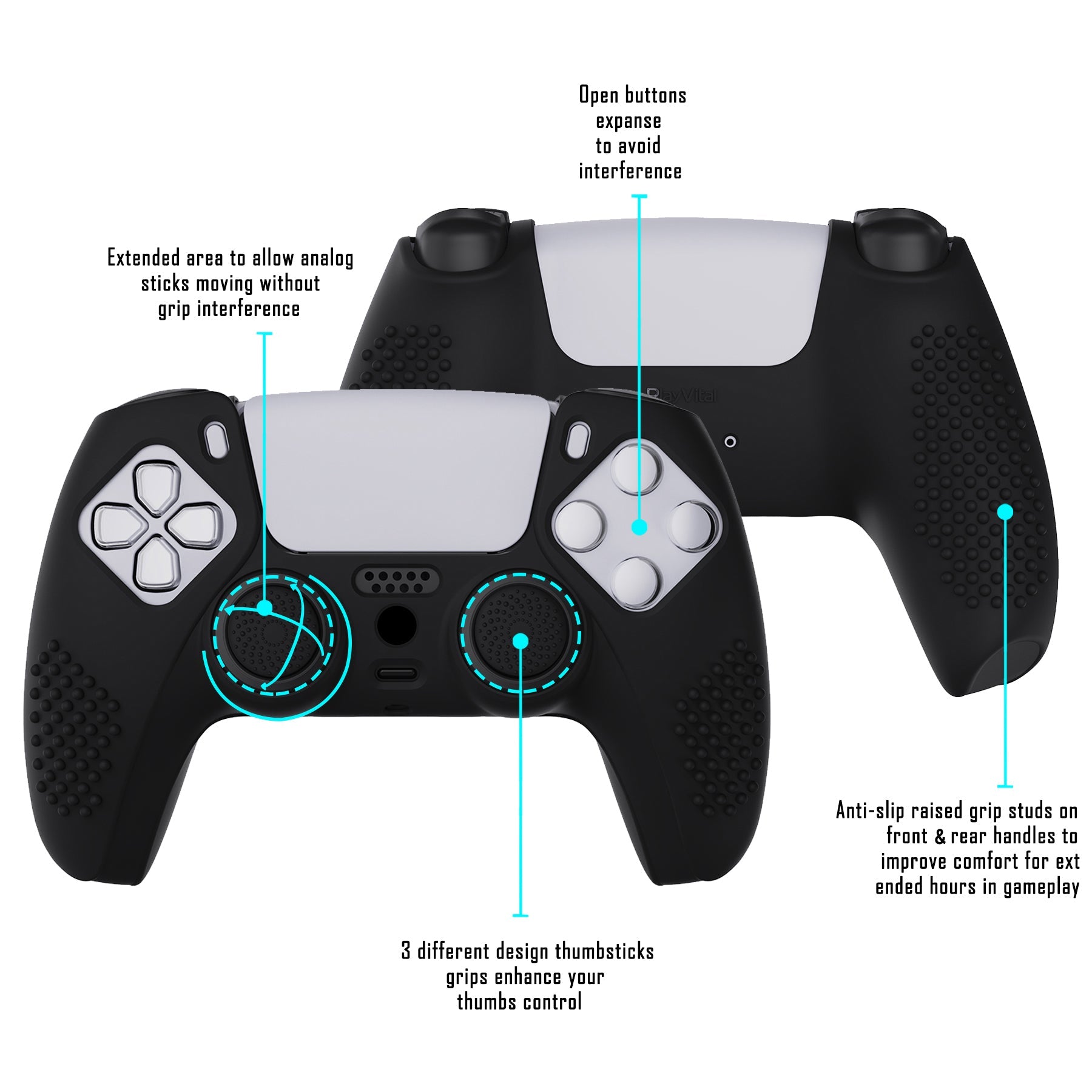 PlayVital 3D Studded Edition Anti-Slip Silicone Cover Skin with Thumb Grip Caps for PS5 Wireless Controller - Black PlayVital