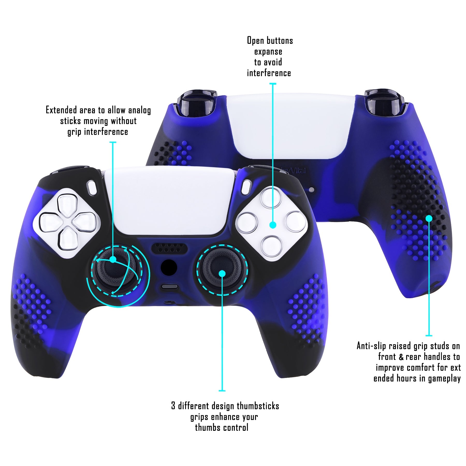 PlayVital 3D Studded Edition Anti-Slip Silicone Cover Skin with Thumb Grip Caps for PS5 Wireless Controller - Blue & Black PlayVital