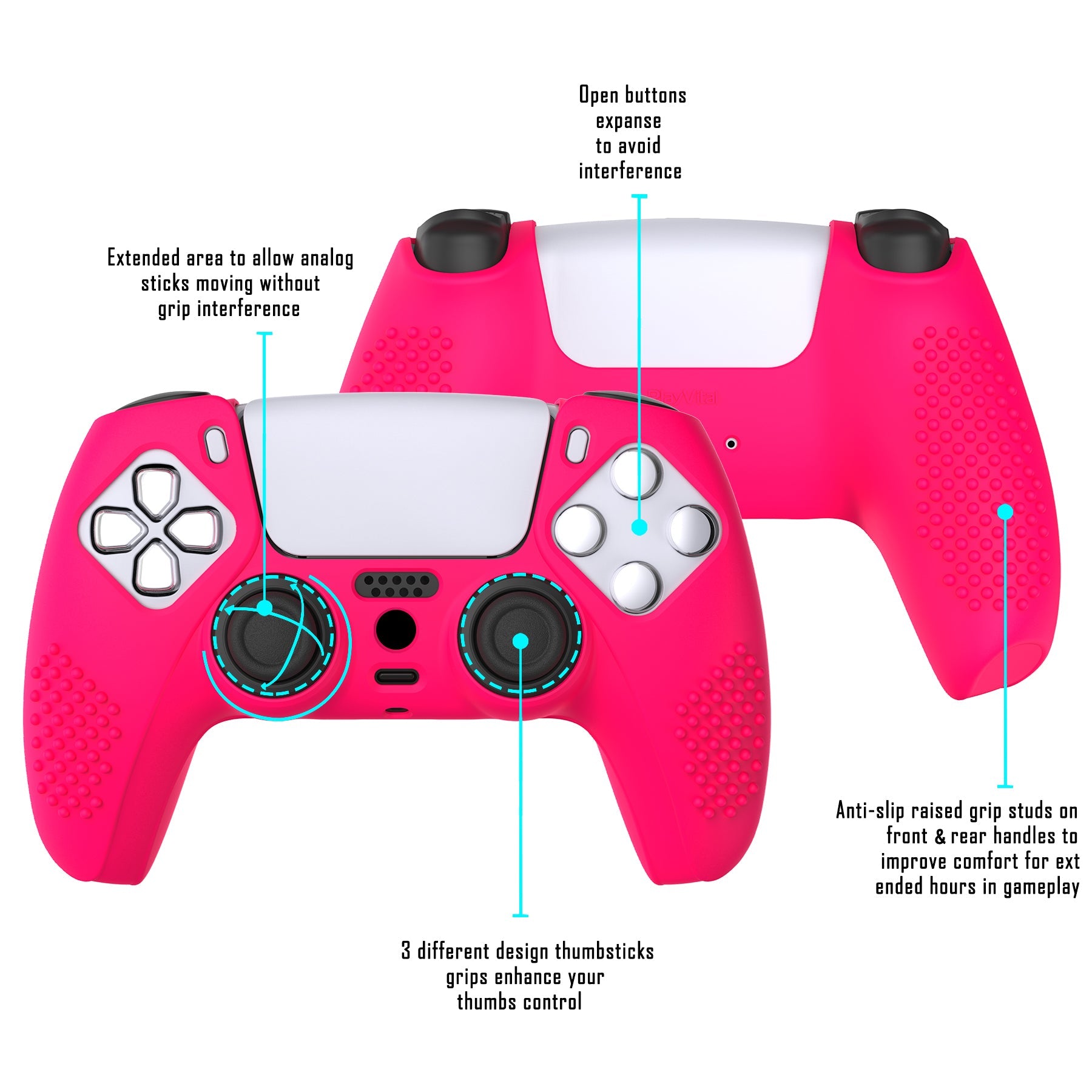 PlayVital 3D Studded Edition Anti-Slip Silicone Cover Skin with Thumb Grip Caps for PS5 Wireless Controller - Bright Pink PlayVital