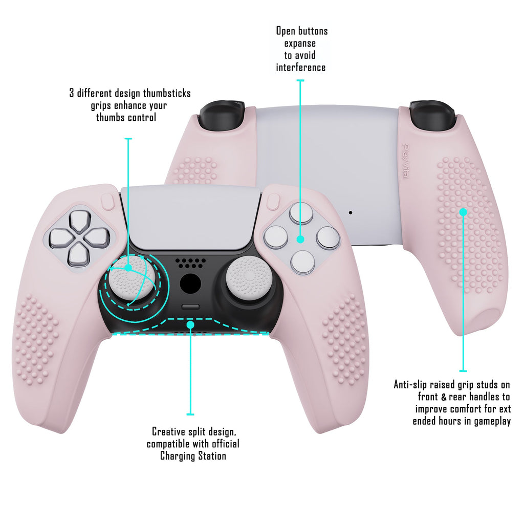 PlayVital 3D Studded Edition Anti-Slip Silicone Cover Skin with Thumb Grip Caps for PS5 Wireless Controller, Compatible with Charging Station - Cherry Blossoms Pink PlayVital