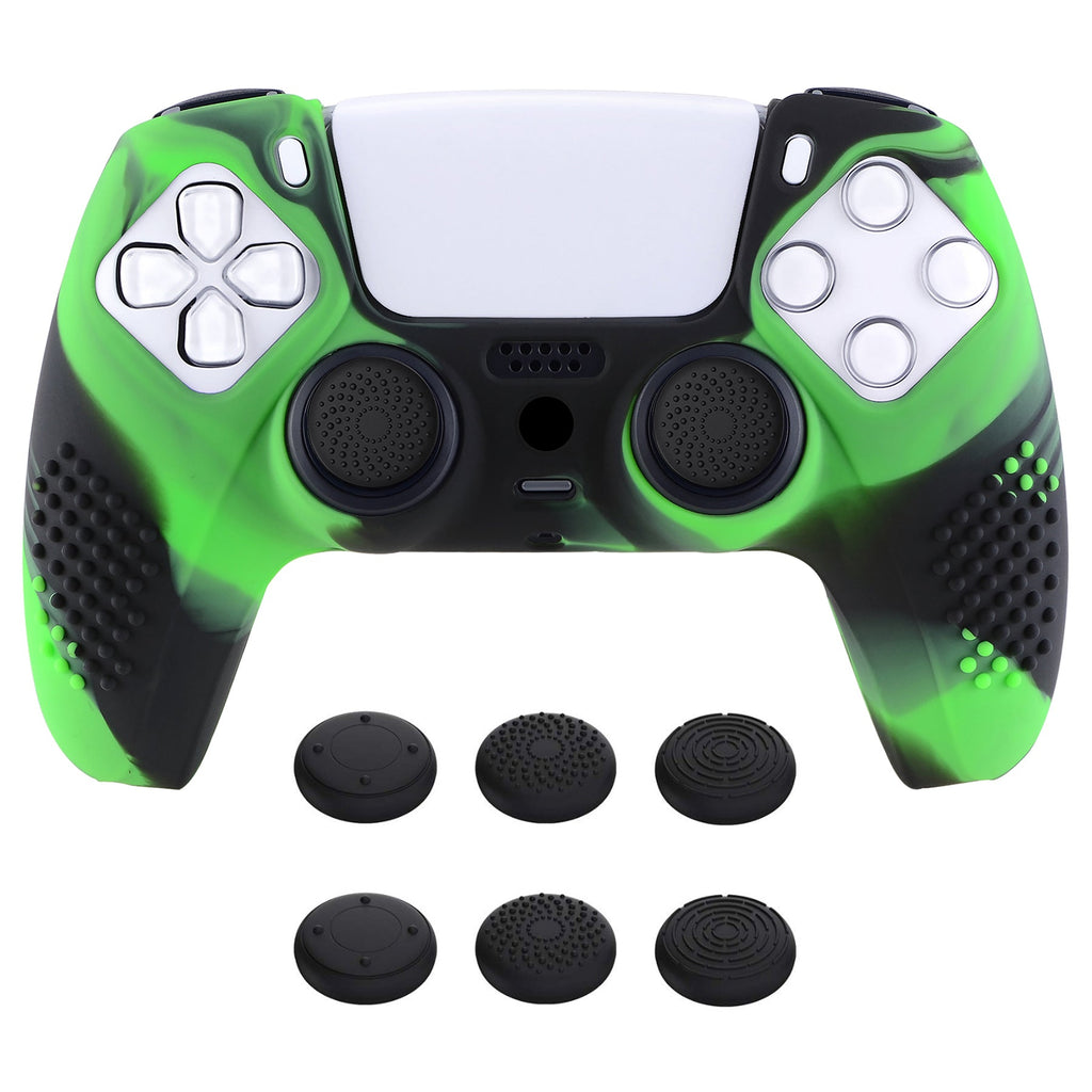 PlayVital 3D Studded Edition Anti-Slip Silicone Cover Skin with Thumb Grip Caps for PS5 Wireless Controller - Green & Black PlayVital