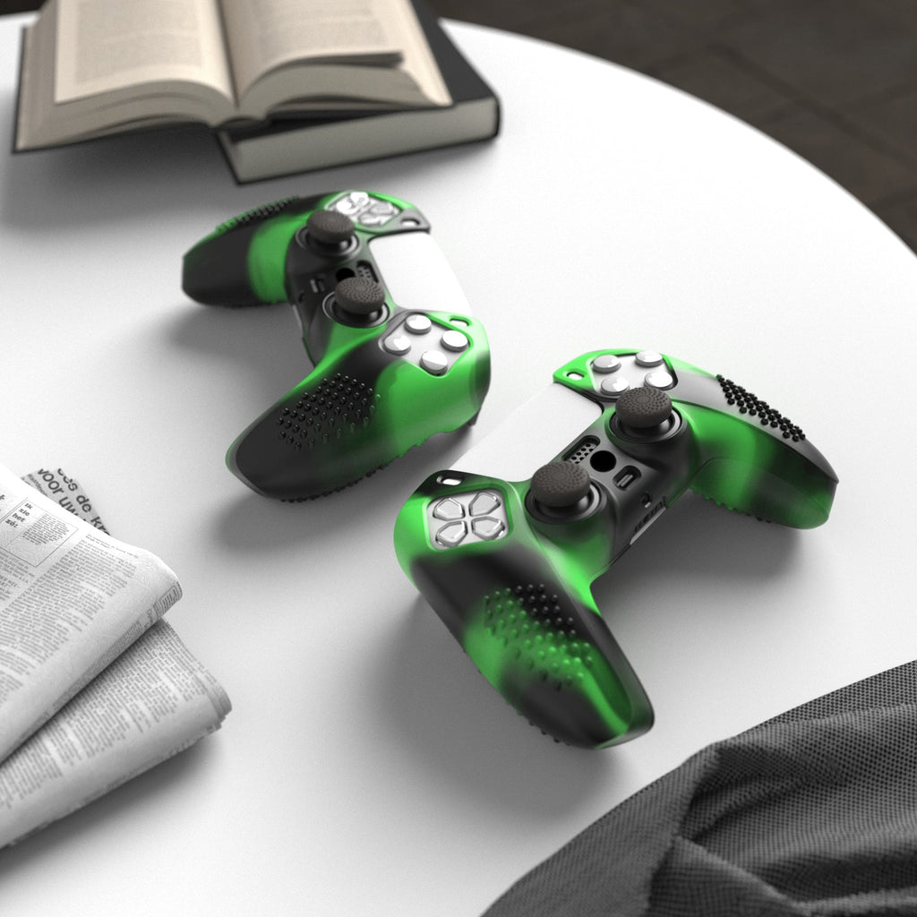 PlayVital 3D Studded Edition Anti-Slip Silicone Cover Skin with Thumb Grip Caps for PS5 Wireless Controller - Green & Black PlayVital