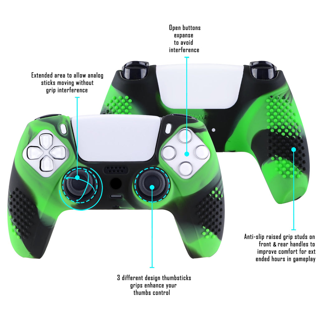 PlayVital 3D Studded Edition Anti-Slip Silicone Cover Skin with Thumb Grip Caps for PS5 Wireless Controller - Green & Black PlayVital