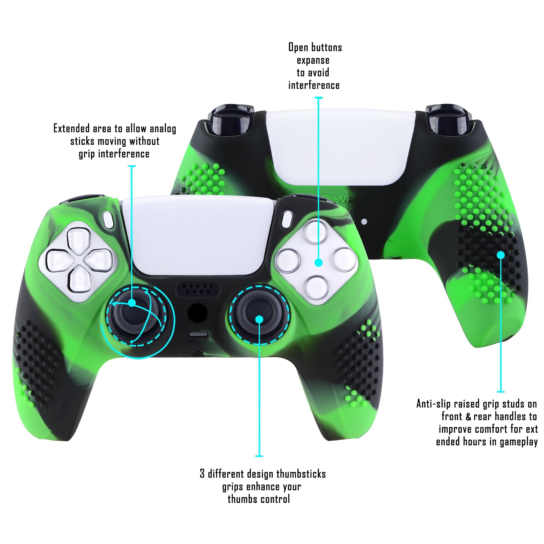 PlayVital 3D Studded Edition Anti-Slip Silicone Cover Skin with Thumb Grip Caps for PS5 Wireless Controller - Green & Black PlayVital