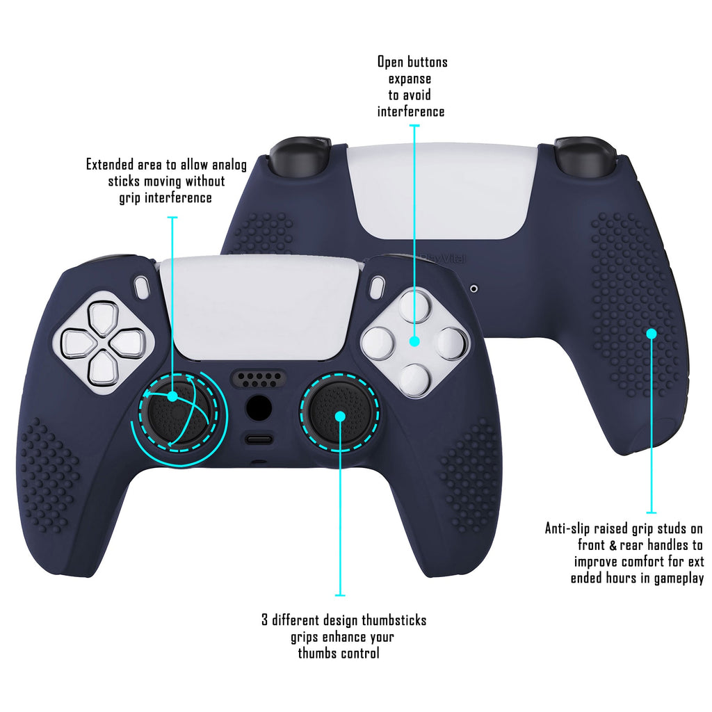 PlayVital 3D Studded Edition Anti-Slip Silicone Cover Skin with Thumb Grip Caps for PS5 Wireless Controller - Midnight Blue PlayVital