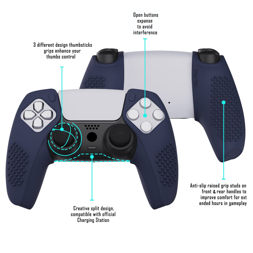 PlayVital 3D Studded Edition Anti-Slip Silicone Cover Skin with Thumb Grip Caps for PS5 Wireless Controller, Compatible with Charging Station - Midnight Blue PlayVital