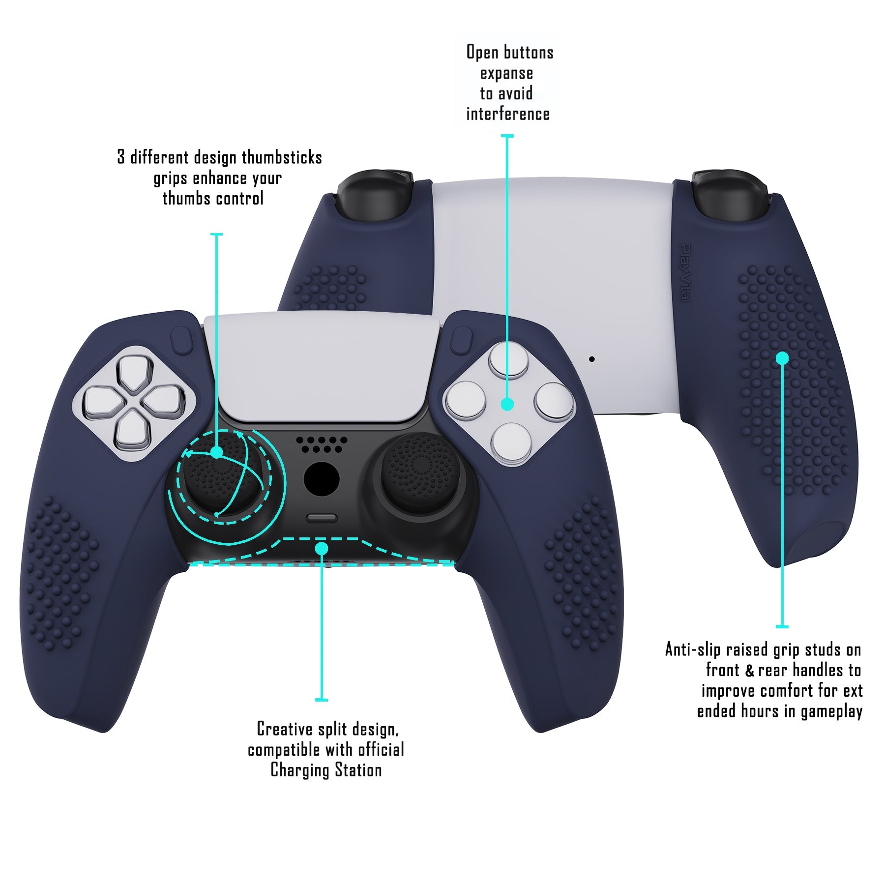 PlayVital 3D Studded Edition Anti-Slip Silicone Cover Skin with Thumb Grip Caps for PS5 Wireless Controller, Compatible with Charging Station - Midnight Blue PlayVital