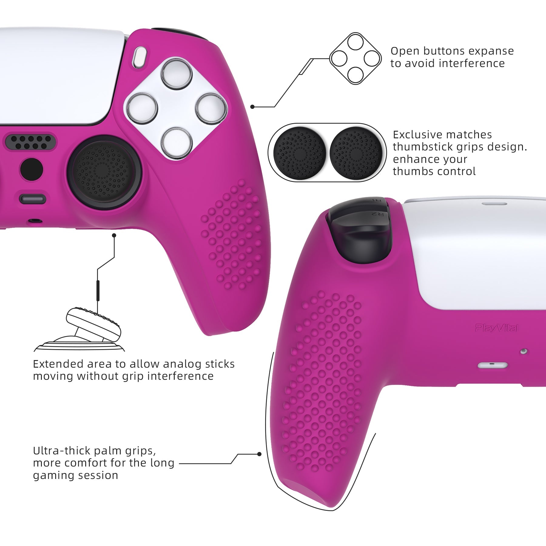 PlayVital 3D Studded Edition Anti-Slip Silicone Cover Skin with Thumb Grip Caps for PS5 Wireless Controller - Neon Purple PlayVital