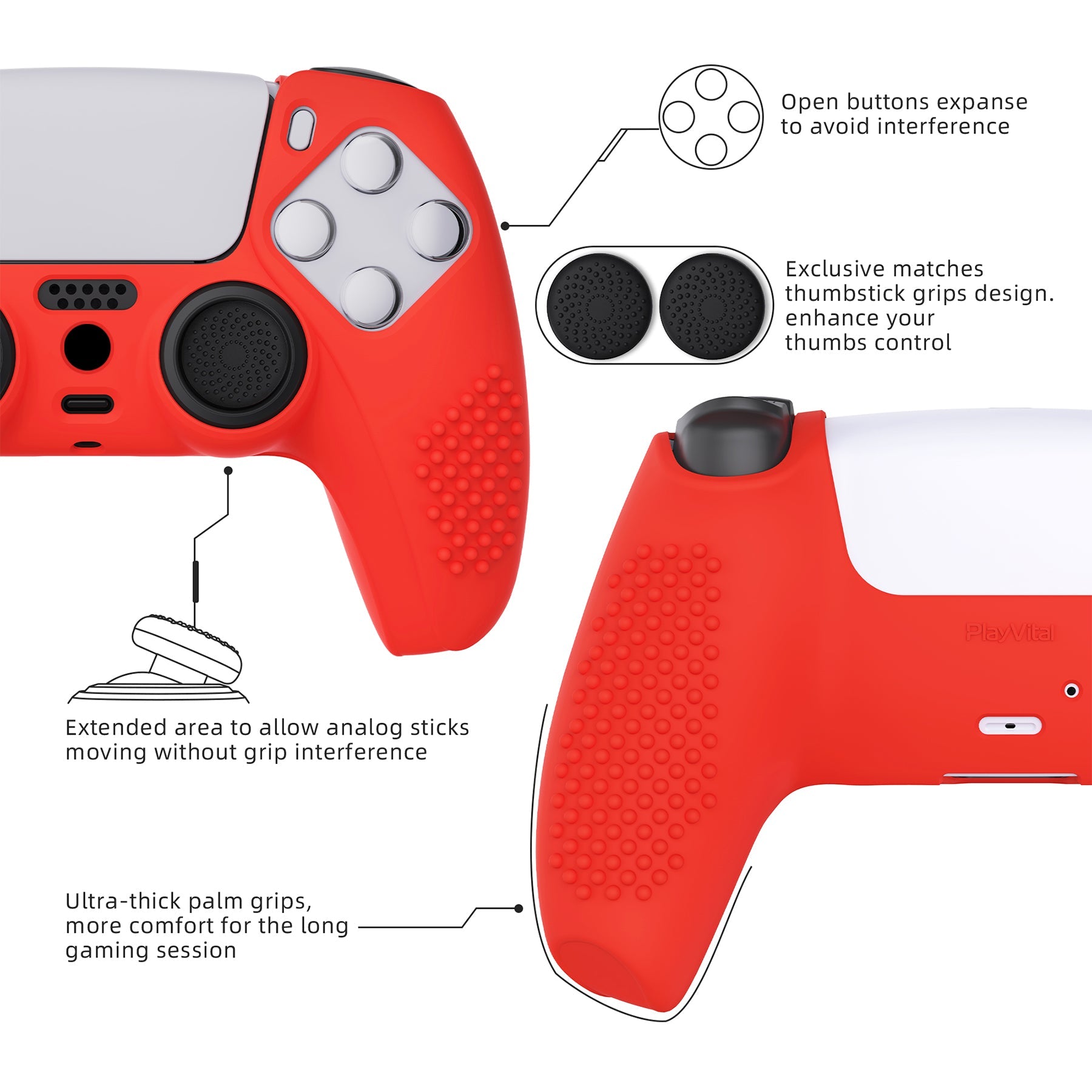 PlayVital 3D Studded Edition Anti-Slip Silicone Cover Skin with Thumb Grip Caps for PS5 Wireless Controller - Passion red PlayVital