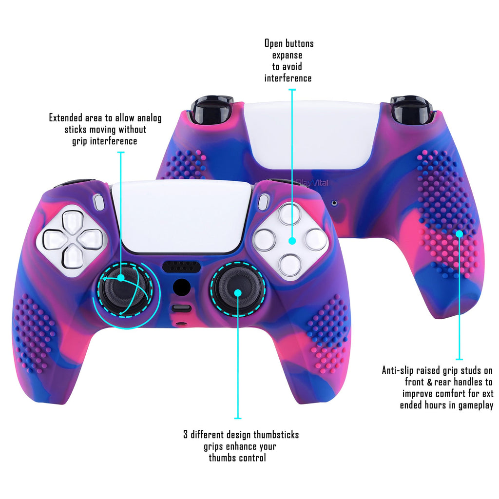 PlayVital 3D Studded Edition Anti-Slip Silicone Cover Skin with Thumb Grip Caps for PS5 Wireless Controller - Pink & Purple & Blue PlayVital