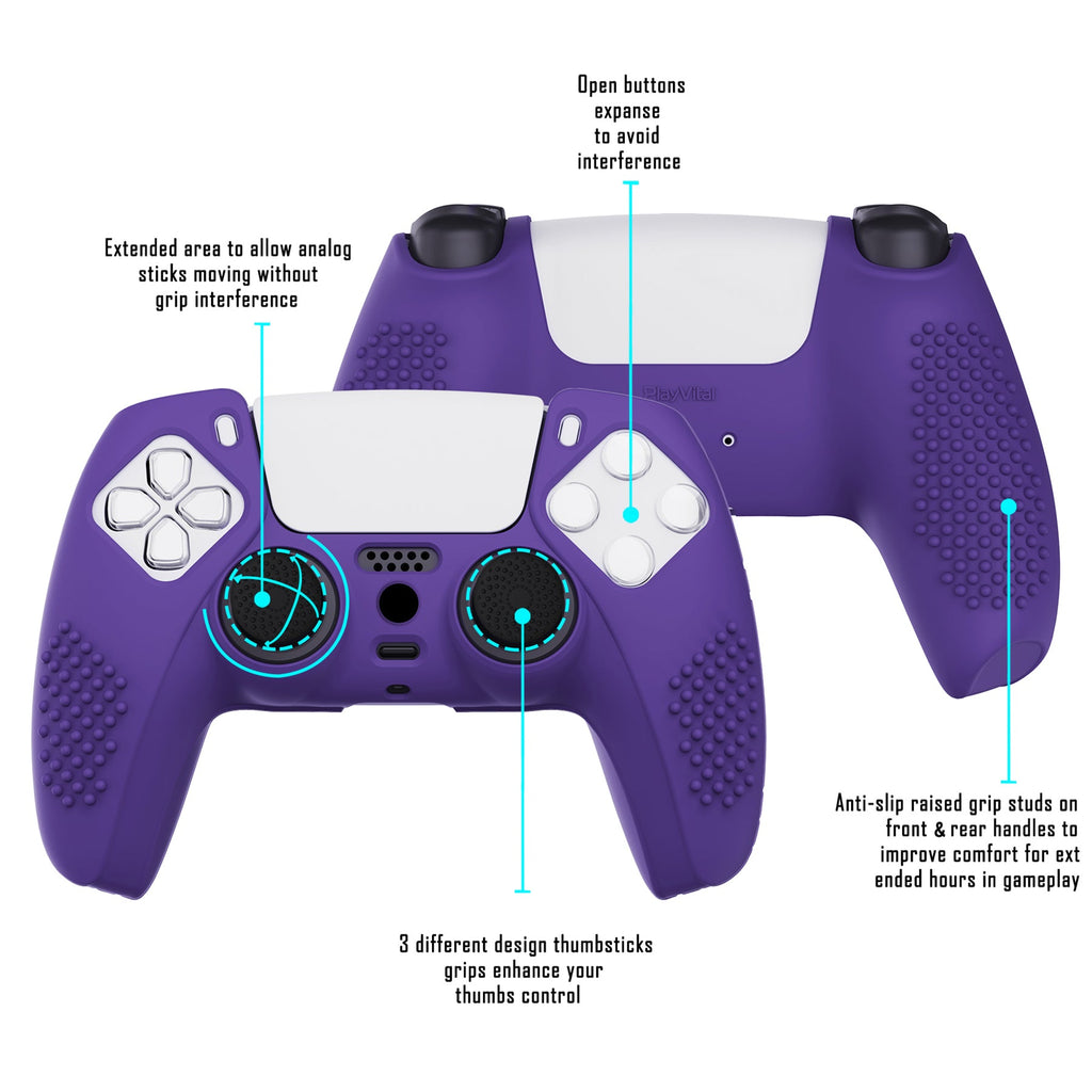 PlayVital 3D Studded Edition Anti-Slip Silicone Cover Skin with Thumb Grip Caps for PS5 Wireless Controller - Purple PlayVital
