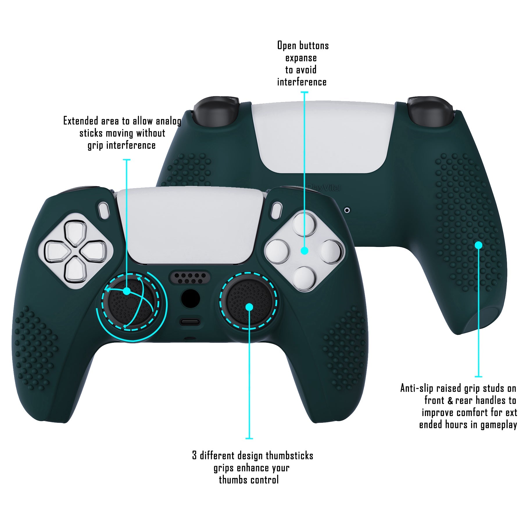 PlayVital 3D Studded Edition Anti-Slip Silicone Cover Skin with Thumb Grip Caps for PS5 Wireless Controller - Racing Green PlayVital