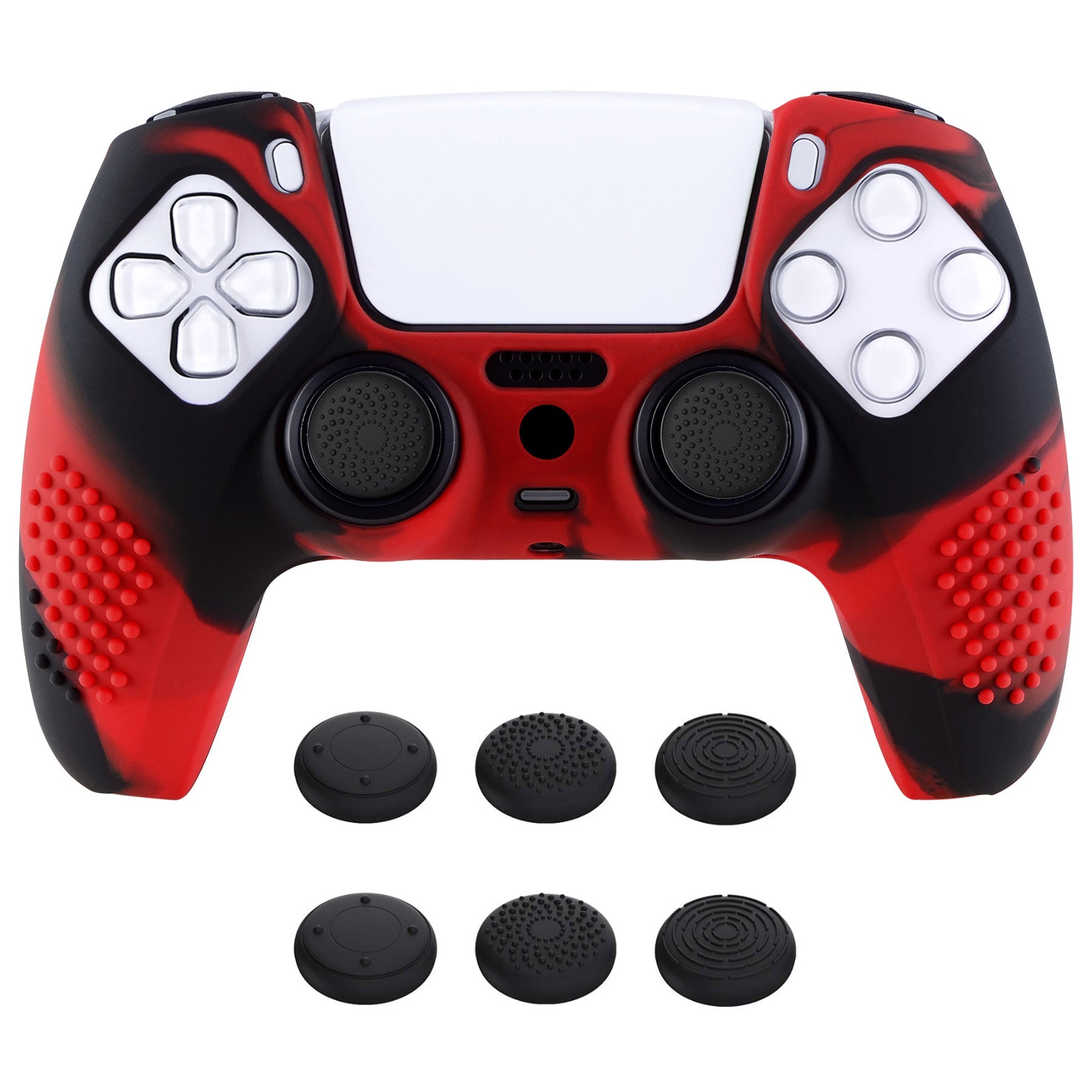 PlayVital 3D Studded Edition Anti-Slip Silicone Cover Skin with Thumb Grip Caps for PS5 Wireless Controller - Red & Black PlayVital