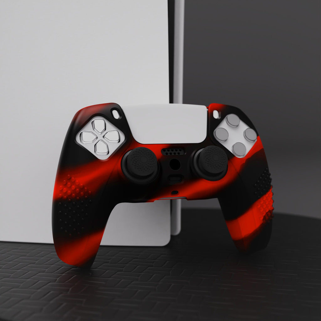 PlayVital 3D Studded Edition Anti-Slip Silicone Cover Skin with Thumb Grip Caps for PS5 Wireless Controller - Red & Black PlayVital