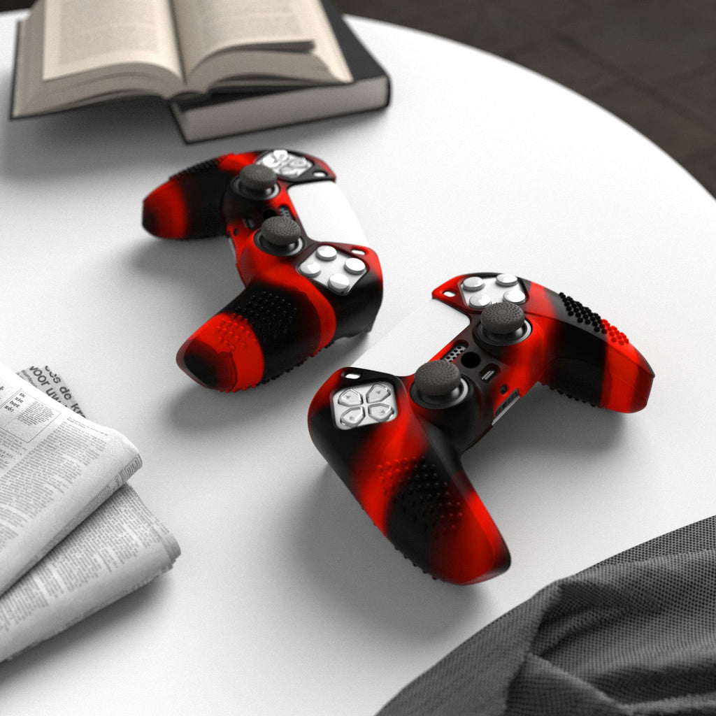 PlayVital 3D Studded Edition Anti-Slip Silicone Cover Skin with Thumb Grip Caps for PS5 Wireless Controller - Red & Black PlayVital