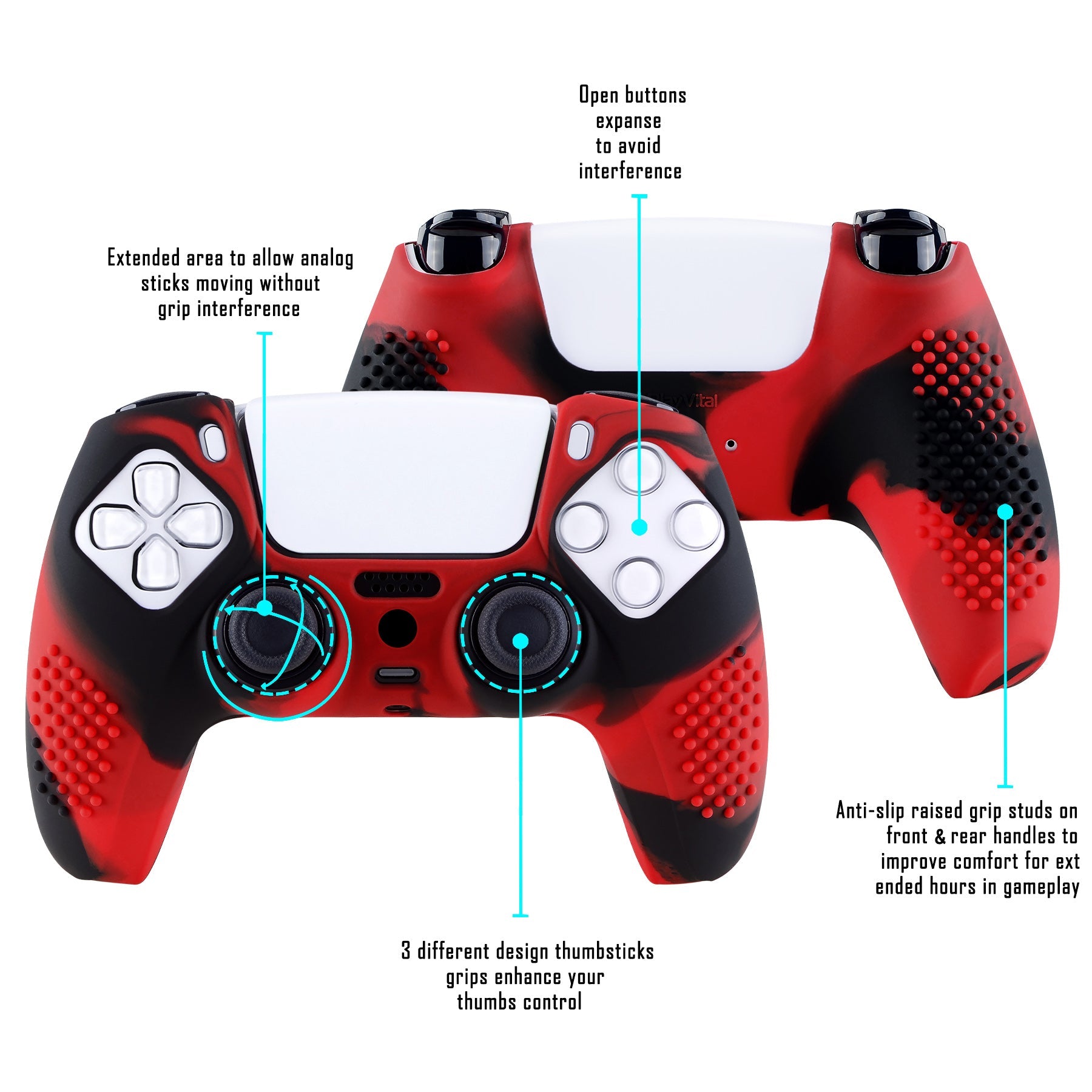PlayVital 3D Studded Edition Anti-Slip Silicone Cover Skin with Thumb Grip Caps for PS5 Wireless Controller - Red & Black PlayVital