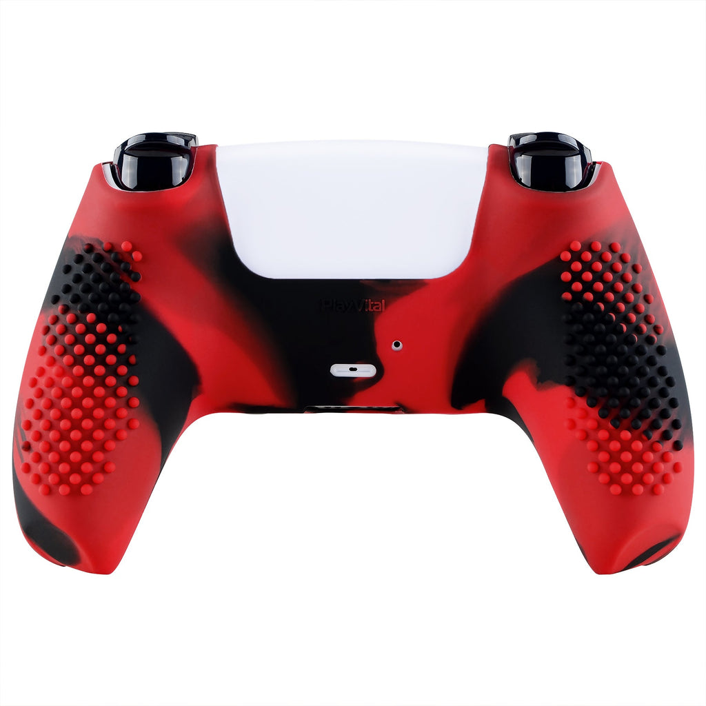 PlayVital 3D Studded Edition Anti-Slip Silicone Cover Skin with Thumb Grip Caps for PS5 Wireless Controller - Red & Black PlayVital