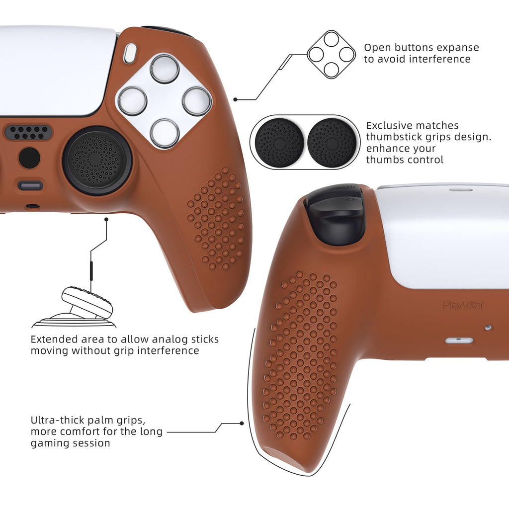 PlayVital 3D Studded Edition Anti-Slip Silicone Cover Skin with Thumb Grip Caps for PS5 Wireless Controller - Signal Brown PlayVital