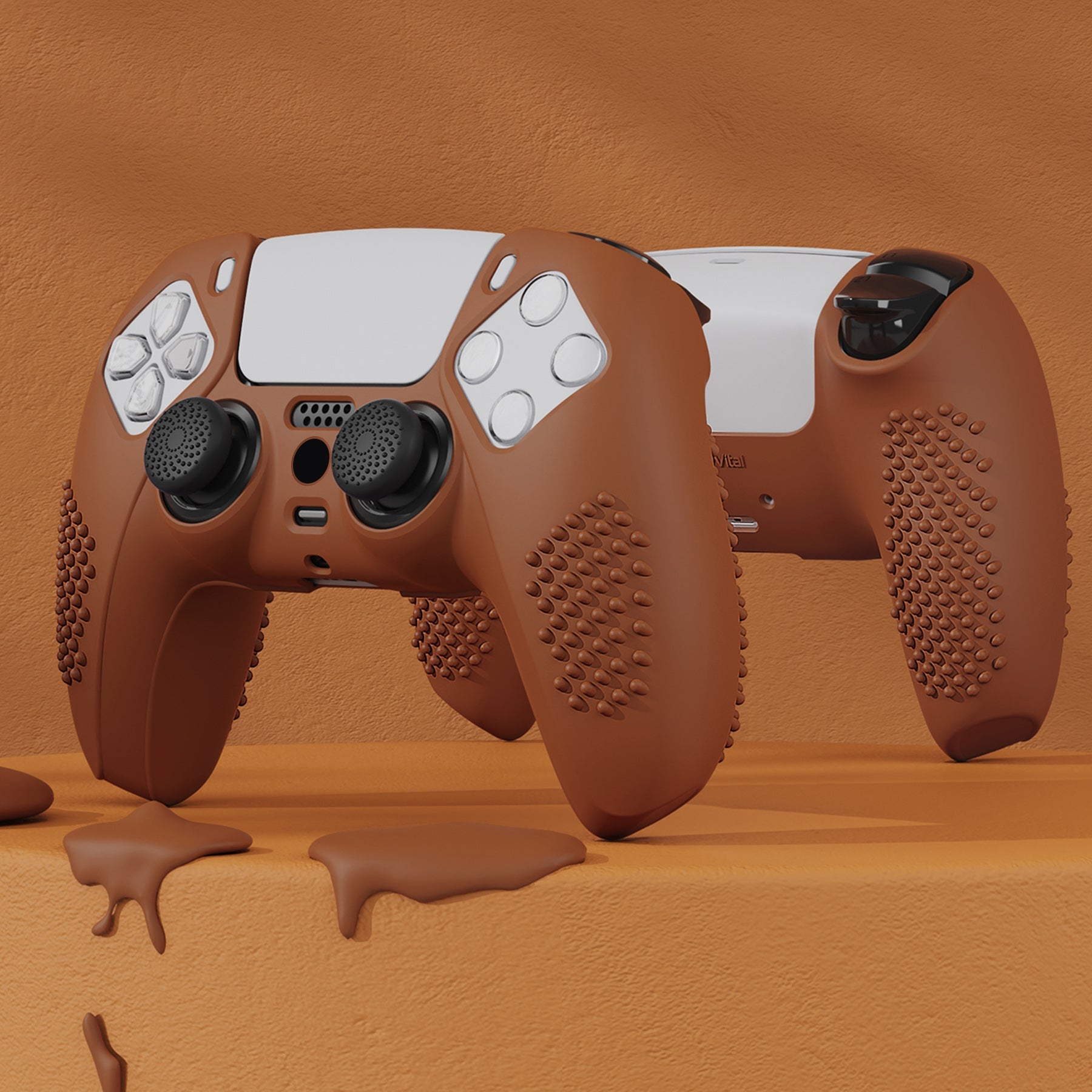 PlayVital 3D Studded Edition Anti-Slip Silicone Cover Skin with Thumb Grip Caps for PS5 Wireless Controller - Signal Brown PlayVital