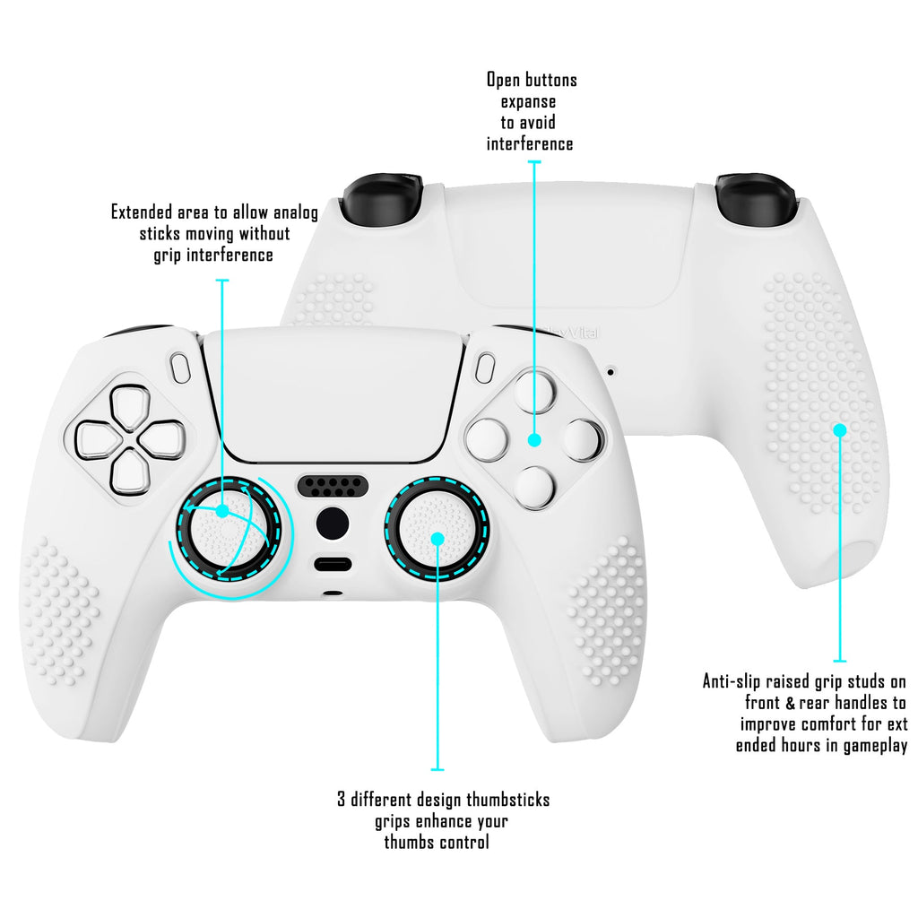 PlayVital 3D Studded Edition Anti-Slip Silicone Cover Skin with Thumb Grip Caps for PS5 Wireless Controller - White PlayVital