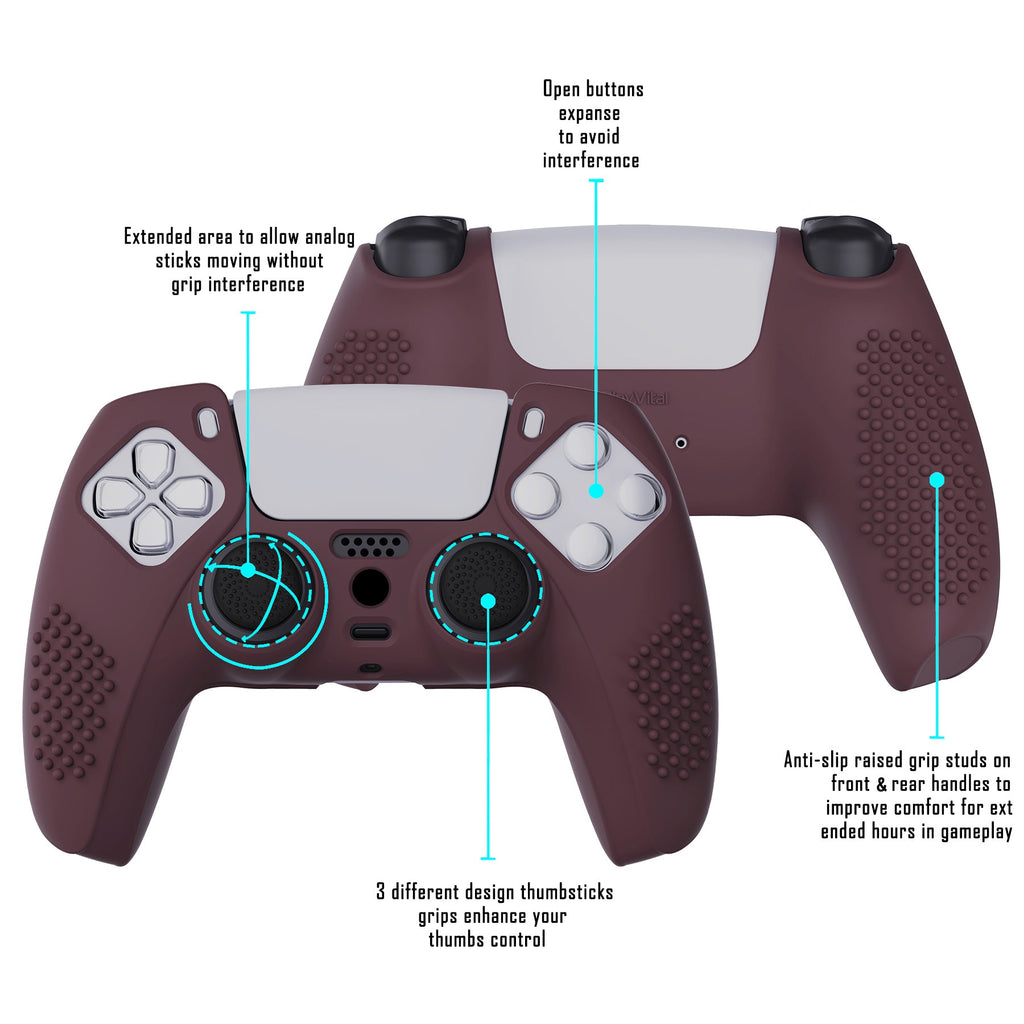 PlayVital 3D Studded Edition Anti-Slip Silicone Cover Skin with Thumb Grip Caps for PS5 Wireless Controller - Wine red PlayVital
