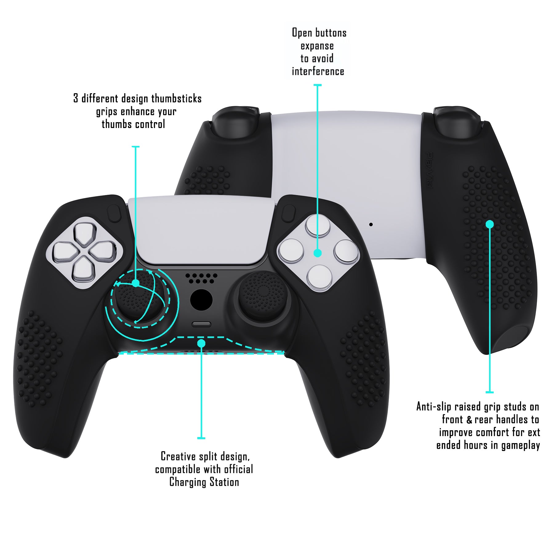 PlayVital 3D Studded Edition Anti-Slip Silicone Cover Skin with Thumb Grip Caps for PS5 Wireless Controller, Compatible with Charging Station - Black PlayVital