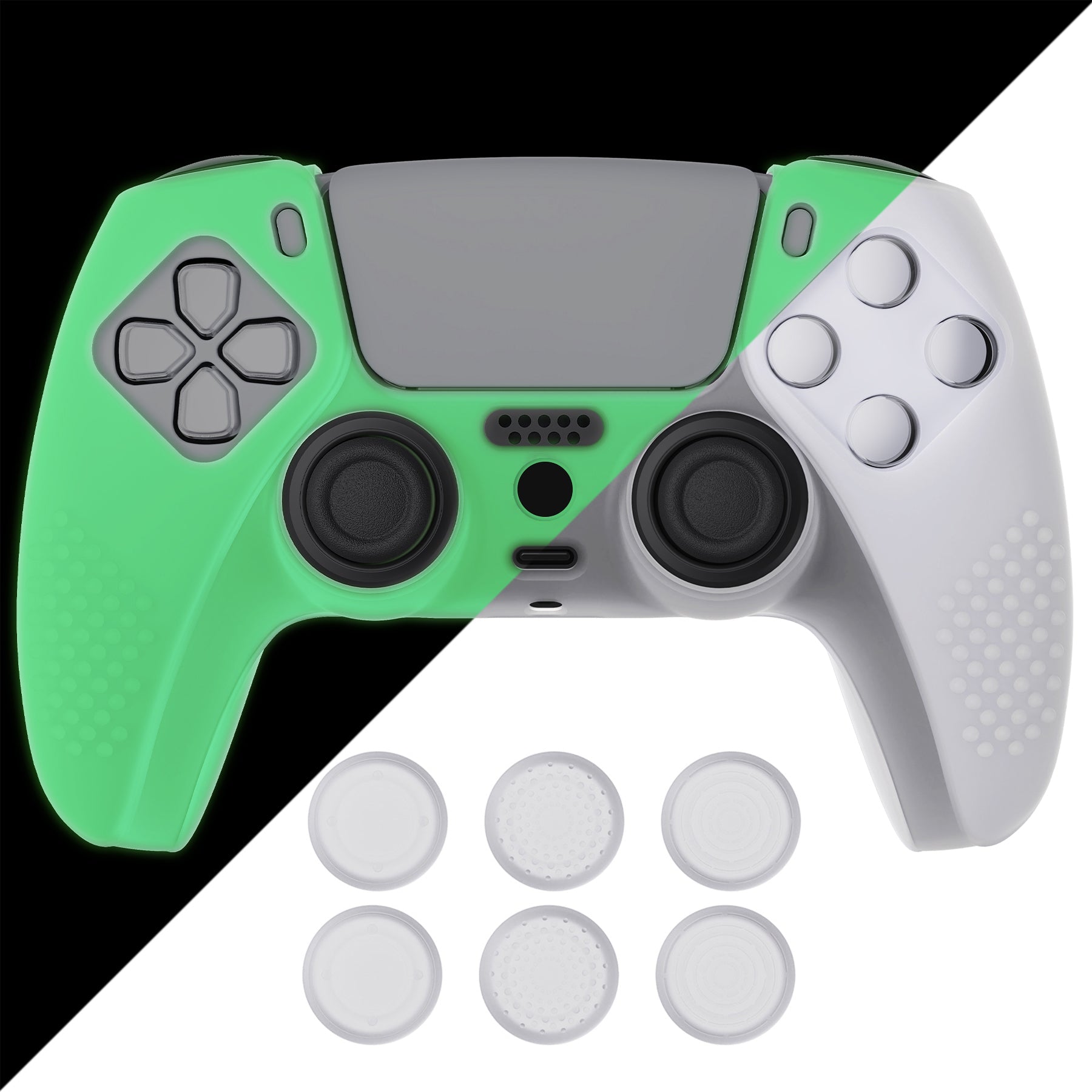 PlayVital 3D Studded Edition Anti-Slip Silicone Cover Skin with Thumb Grip Caps for PS5 Wireless Controller - Glow in Dark Green PlayVital