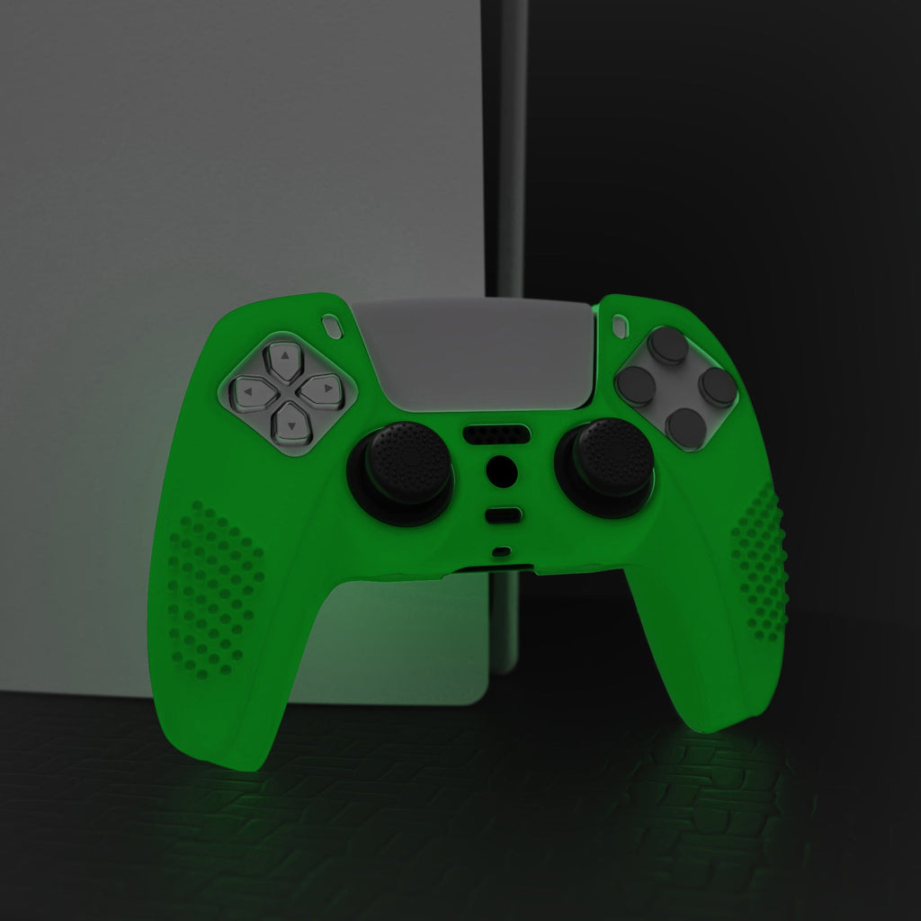 PlayVital 3D Studded Edition Anti-Slip Silicone Cover Skin with Thumb Grip Caps for PS5 Wireless Controller - Glow in Dark Green PlayVital