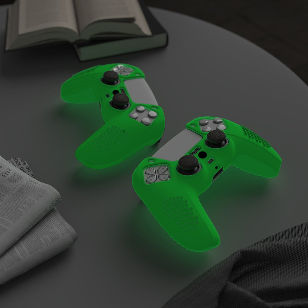 PlayVital 3D Studded Edition Anti-Slip Silicone Cover Skin with Thumb Grip Caps for PS5 Wireless Controller - Glow in Dark Green PlayVital