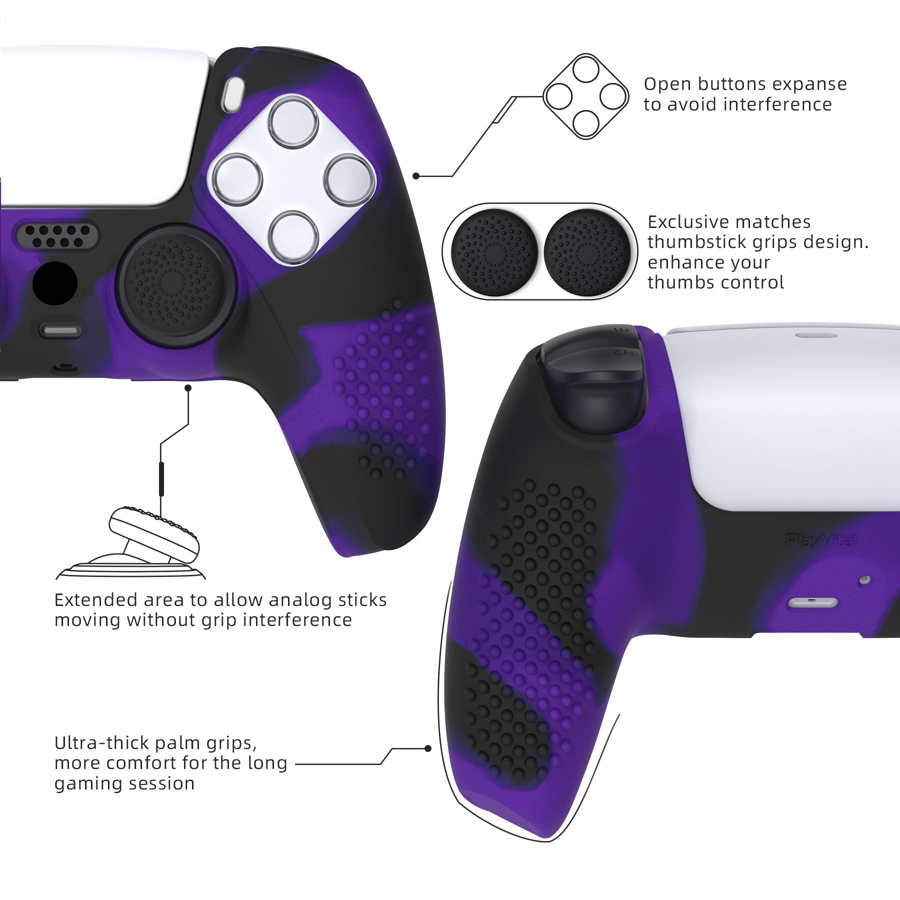 PlayVital 3D Studded Edition Anti-Slip Silicone Cover Skin with Thumb Grip Caps for PS5 Wireless Controller - Purple & Black PlayVital