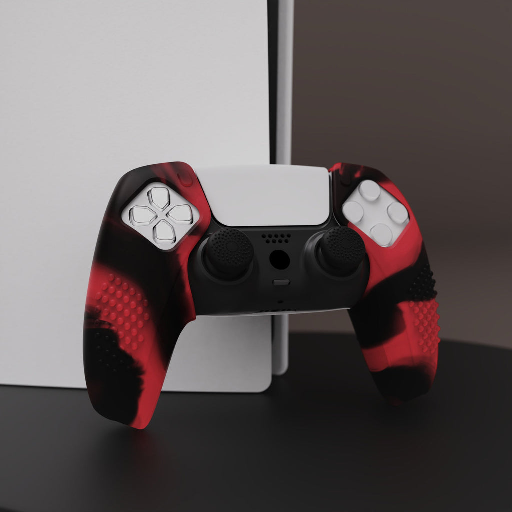 PlayVital 3D Studded Edition Anti-Slip Silicone Cover Skin with Thumb Grip Caps for PS5 Wireless Controller, Compatible with Charging Station - Red & Black PlayVital