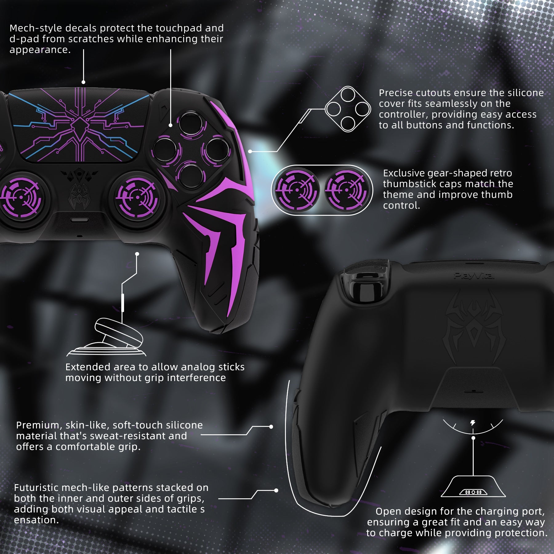 PlayVital Cyber Spider Design Silicone Case for PS5 Controller with 2 Thumb Grips and 6 Sticker, Compatible with Charging Dock - Black & Purple PlayVital