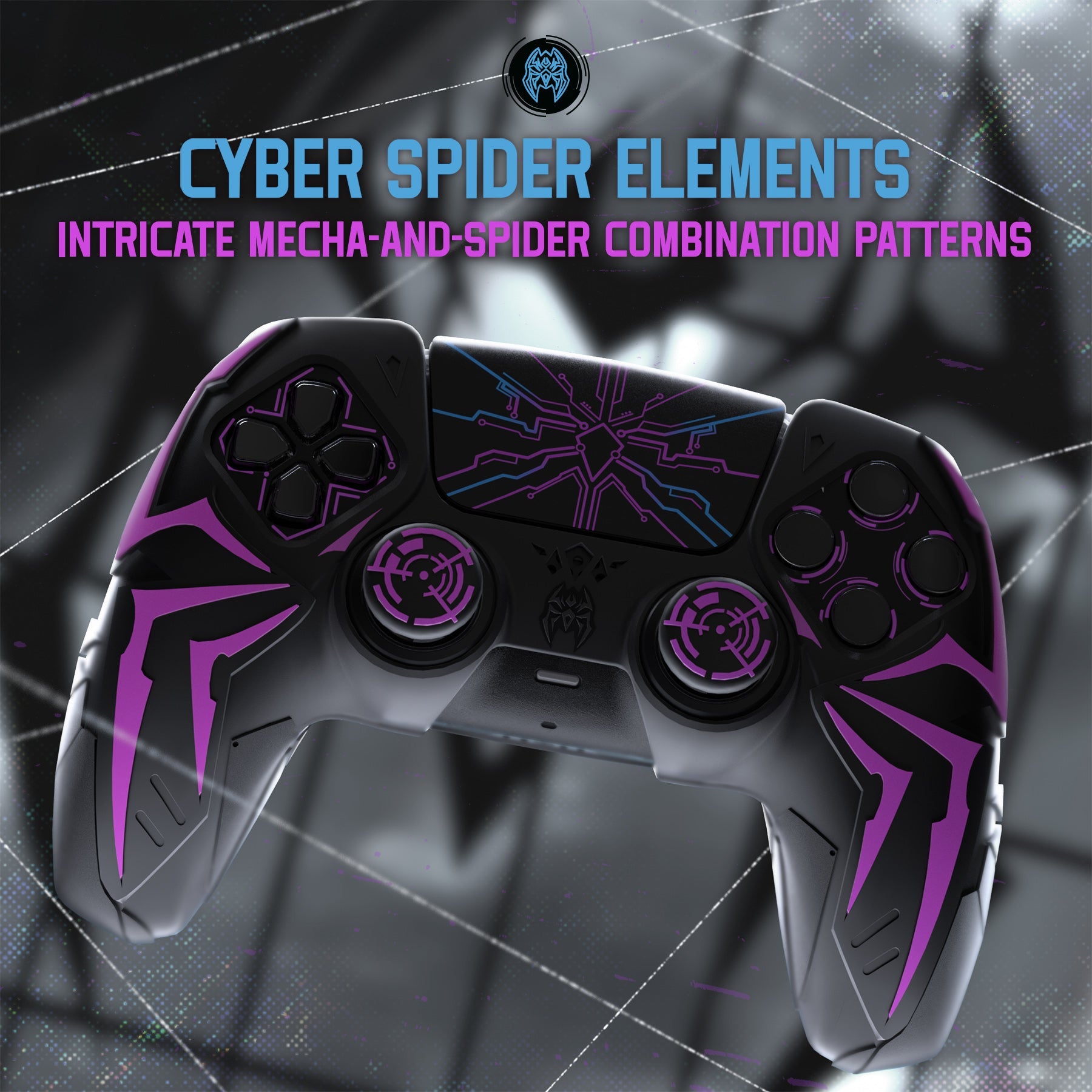 PlayVital Cyber Spider Design Silicone Case for PS5 Controller with 2 Thumb Grips and 6 Sticker, Compatible with Charging Dock - Black & Purple PlayVital