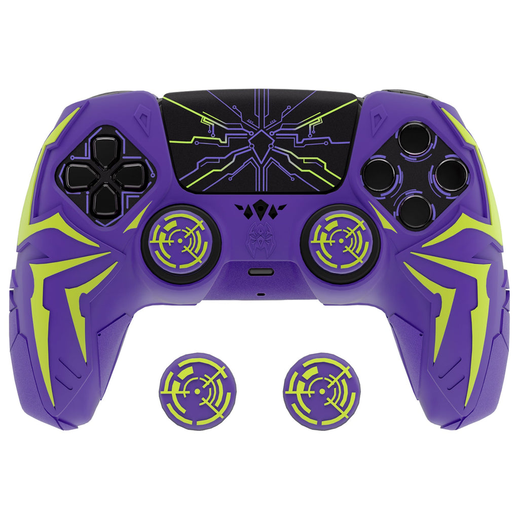 PlayVital Cyber Spider Design Silicone Case for PS5 Controller with 2 Thumb Grips and 6 Sticker, Compatible with Charging Dock - Purple & Green PlayVital