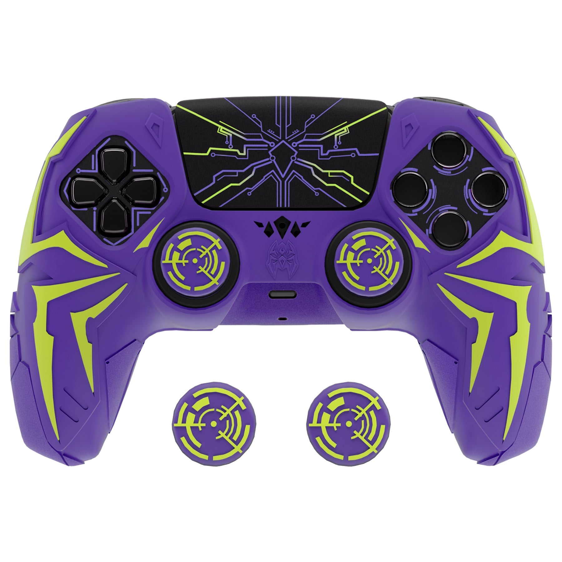 PlayVital Cyber Spider Design Silicone Case for PS5 Controller with 2 Thumb Grips and 6 Sticker, Compatible with Charging Dock - Purple & Green PlayVital