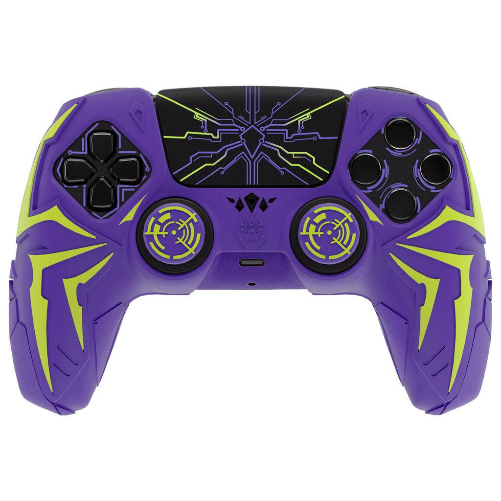 PlayVital Cyber Spider Design Silicone Case for PS5 Controller with 2 Thumb Grips and 6 Sticker, Compatible with Charging Dock - Purple & Green PlayVital