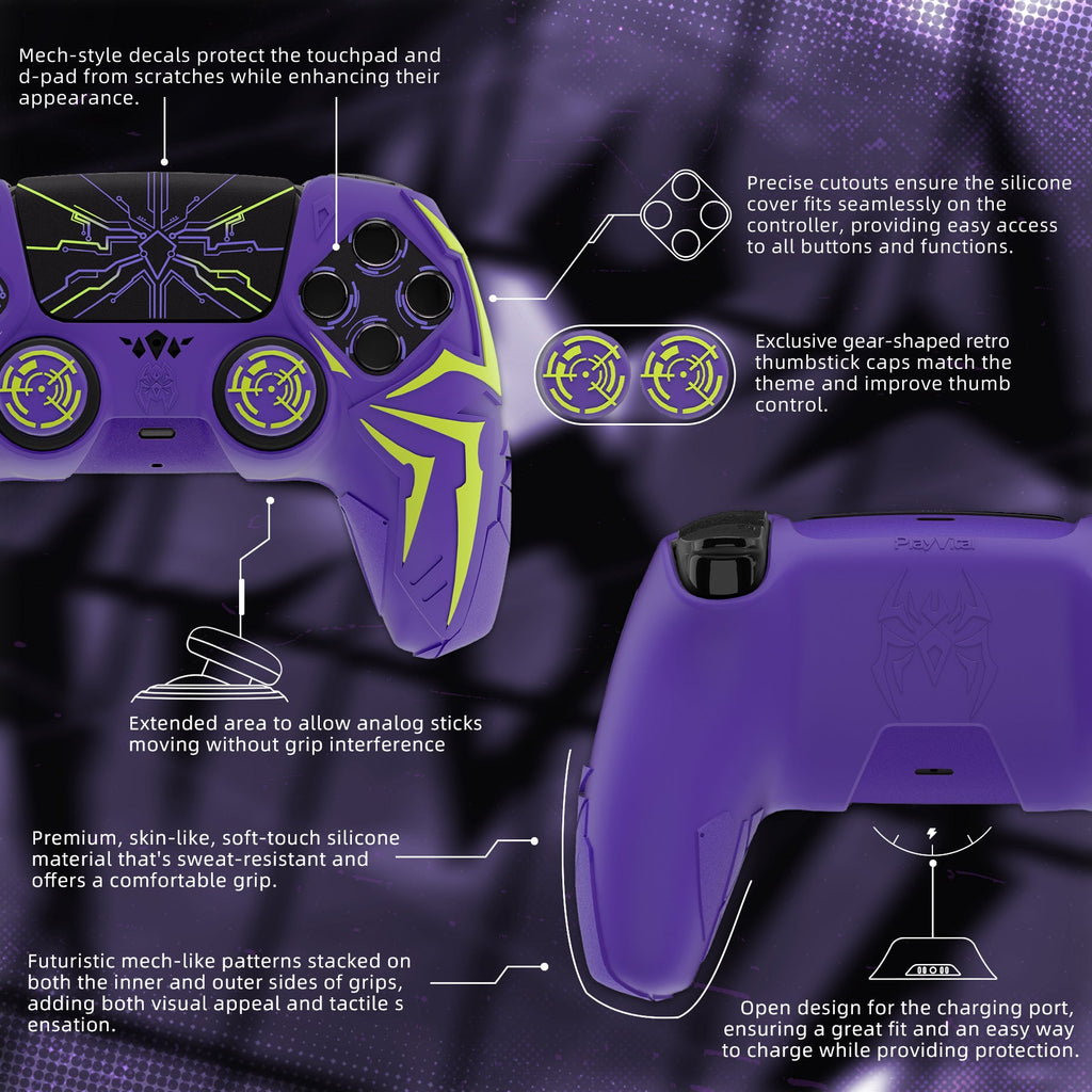 PlayVital Cyber Spider Design Silicone Case for PS5 Controller with 2 Thumb Grips and 6 Sticker, Compatible with Charging Dock - Purple & Green PlayVital