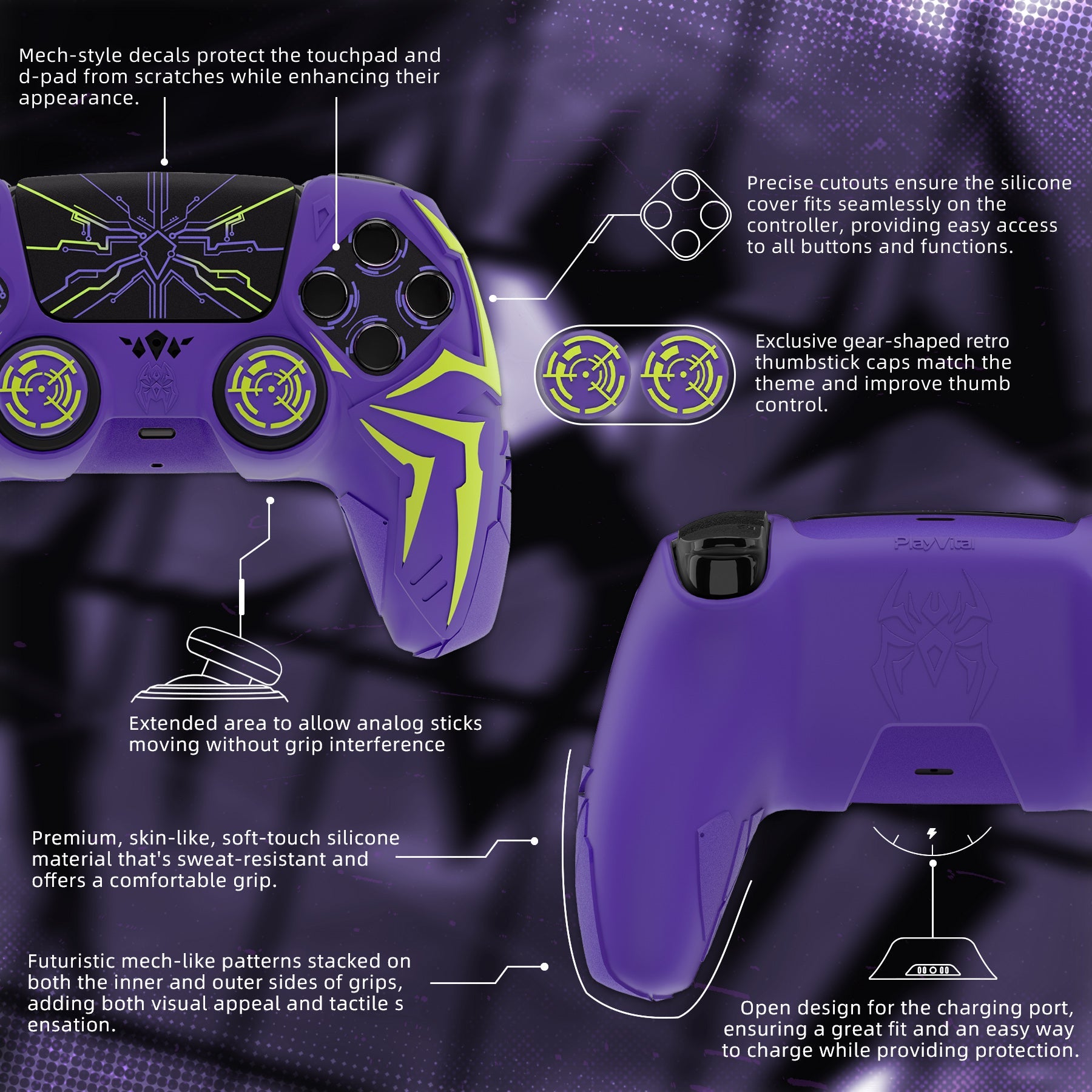 PlayVital Cyber Spider Design Silicone Case for PS5 Controller with 2 Thumb Grips and 6 Sticker, Compatible with Charging Dock - Purple & Green PlayVital