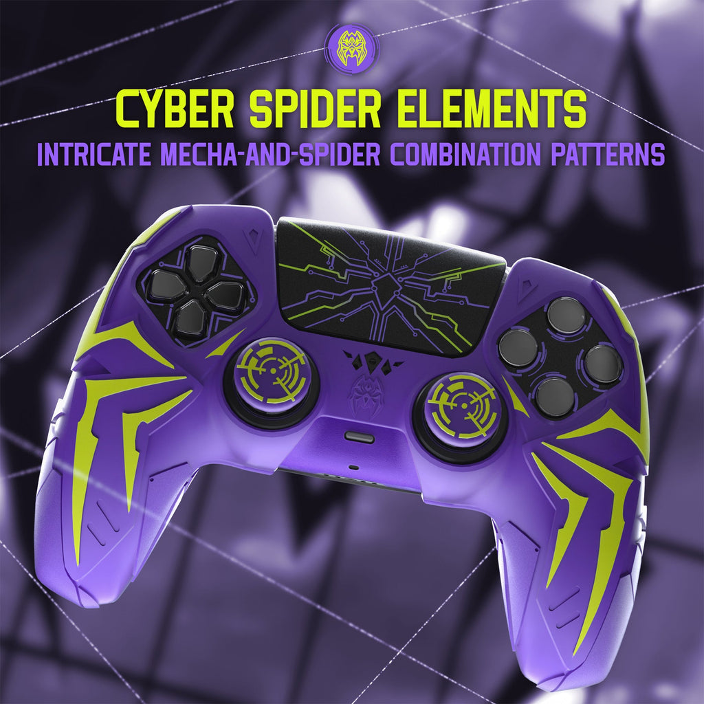 PlayVital Cyber Spider Design Silicone Case for PS5 Controller with 2 Thumb Grips and 6 Sticker, Compatible with Charging Dock - Purple & Green PlayVital