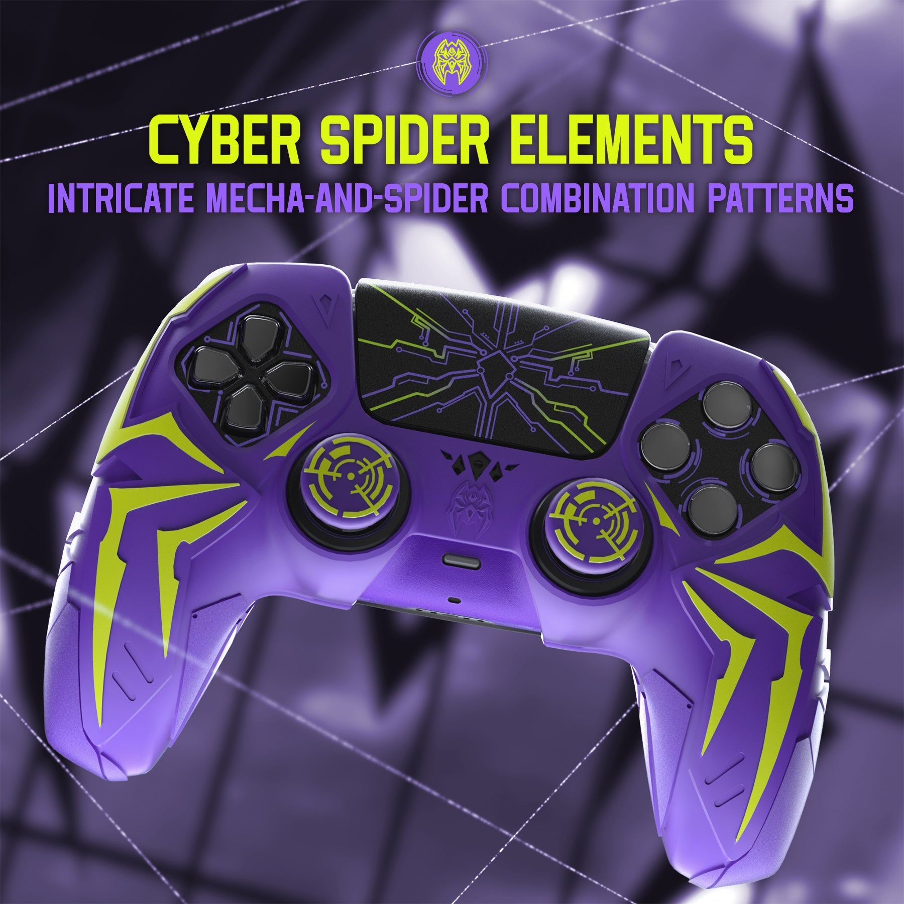 PlayVital Cyber Spider Design Silicone Case for PS5 Controller with 2 Thumb Grips and 6 Sticker, Compatible with Charging Dock - Purple & Green PlayVital