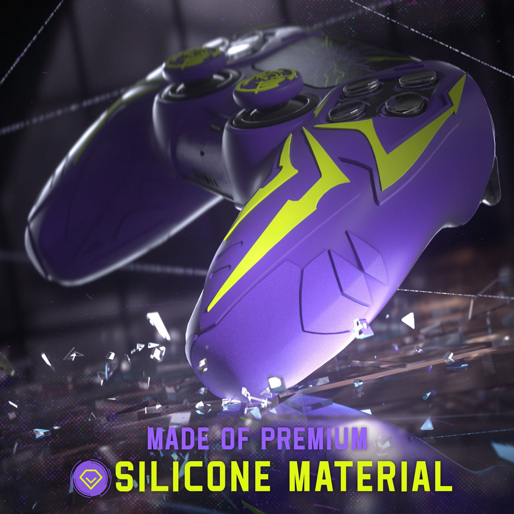 PlayVital Cyber Spider Design Silicone Case for PS5 Controller with 2 Thumb Grips and 6 Sticker, Compatible with Charging Dock - Purple & Green PlayVital