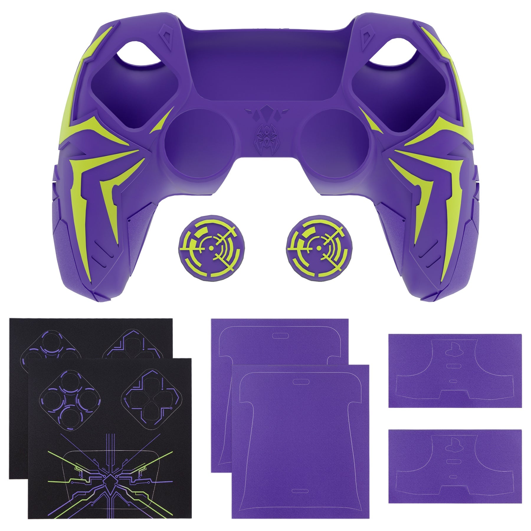 PlayVital Cyber Spider Design Silicone Case for PS5 Controller with 2 Thumb Grips and 6 Sticker, Compatible with Charging Dock - Purple & Green PlayVital