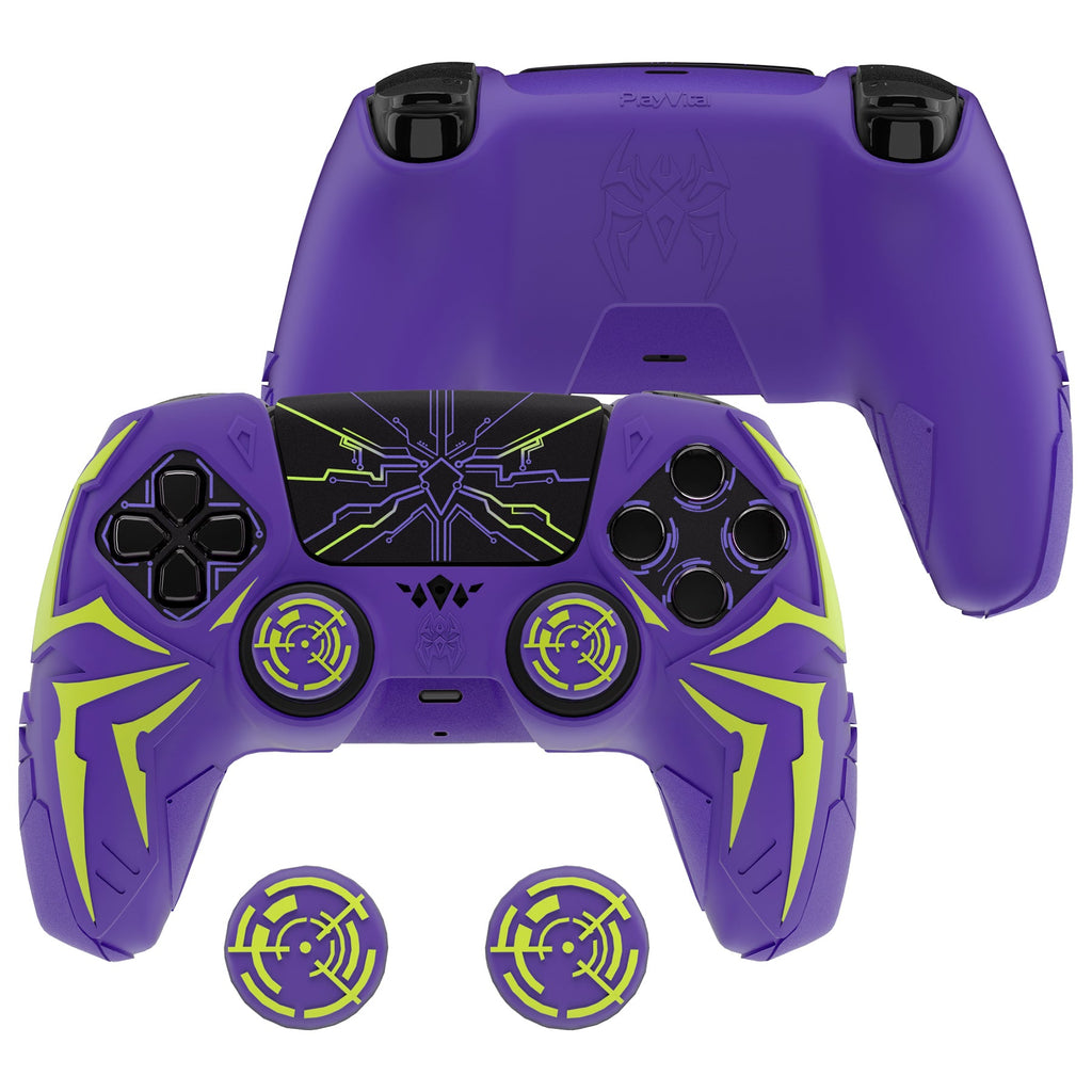 PlayVital Cyber Spider Design Silicone Case for PS5 Controller with 2 Thumb Grips and 6 Sticker, Compatible with Charging Dock - Purple & Green PlayVital