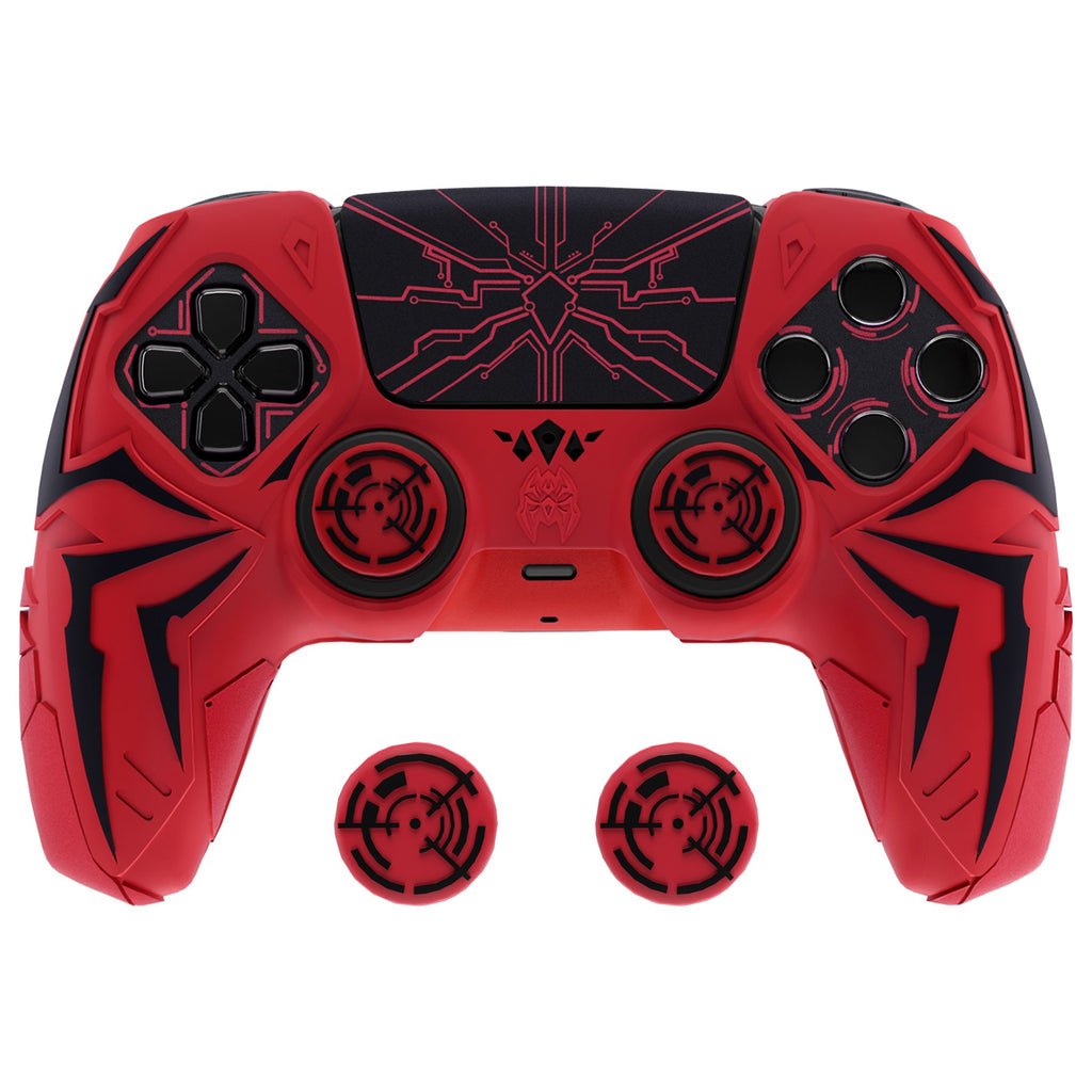 PlayVital Cyber Spider Design Silicone Case for PS5 Controller with 2 Thumb Grips and 6 Sticker, Compatible with Charging Dock - Red & Black PlayVital