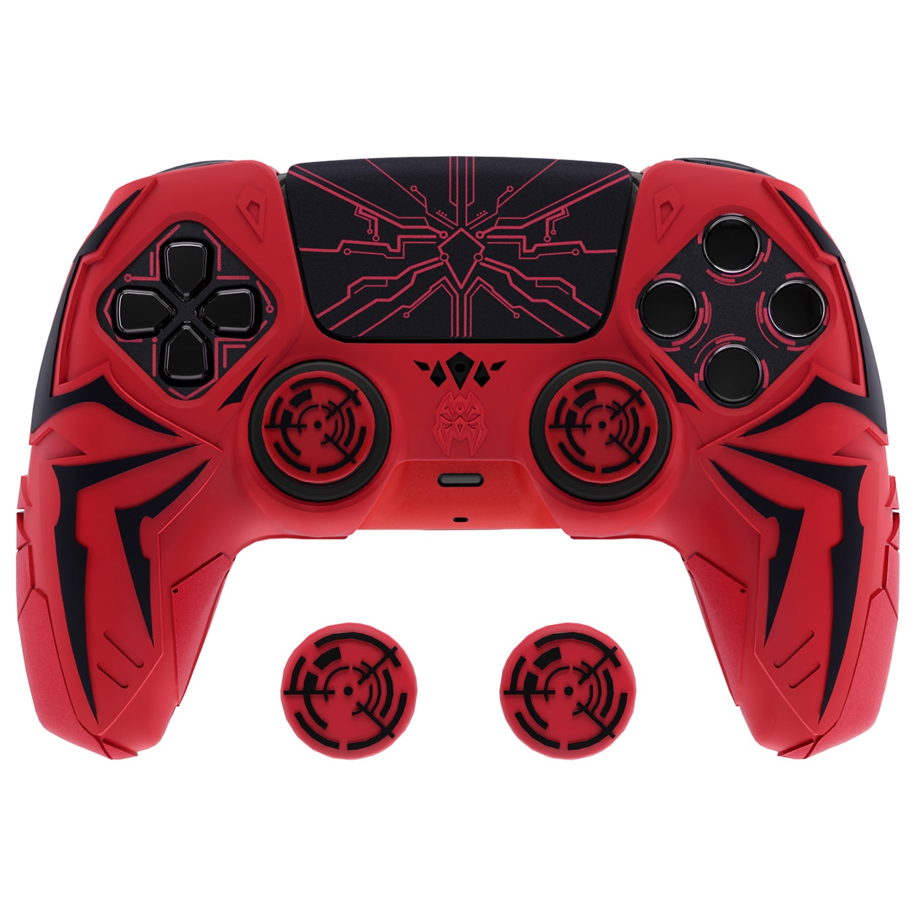 PlayVital Cyber Spider Design Silicone Case for PS5 Controller with 2 Thumb Grips and 6 Sticker, Compatible with Charging Dock - Red & Black PlayVital